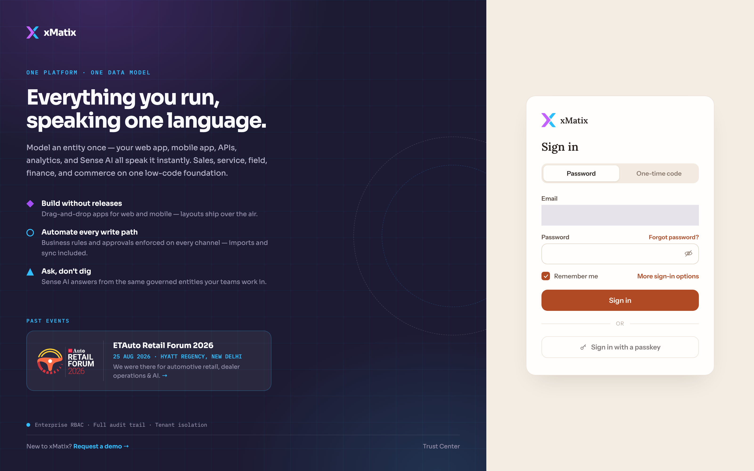 xMatix sign-in page with empty email and password fields, one-time-code tab and passkey option
