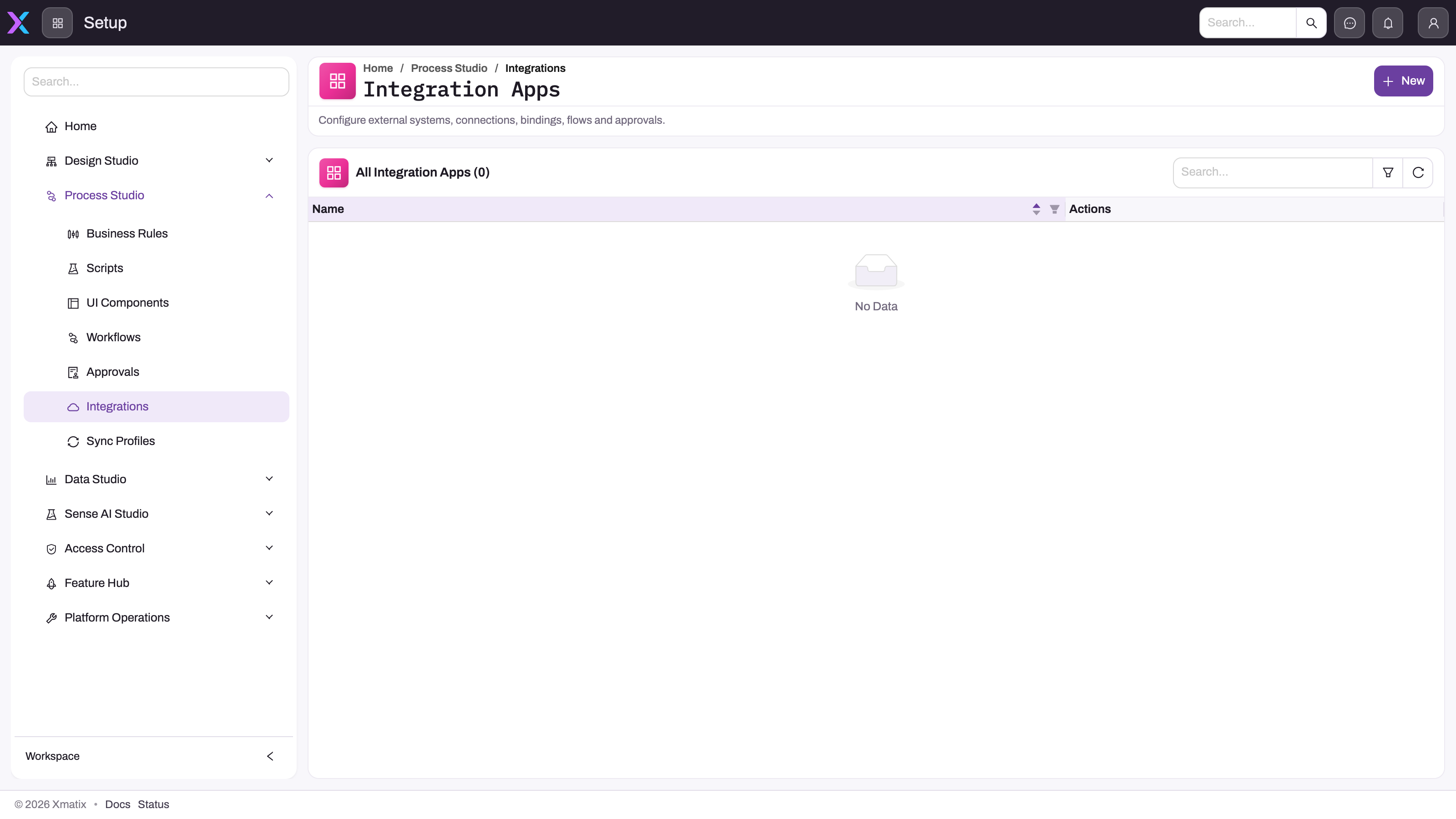 Empty Integration Apps registry in demo2 with Process Studio navigation