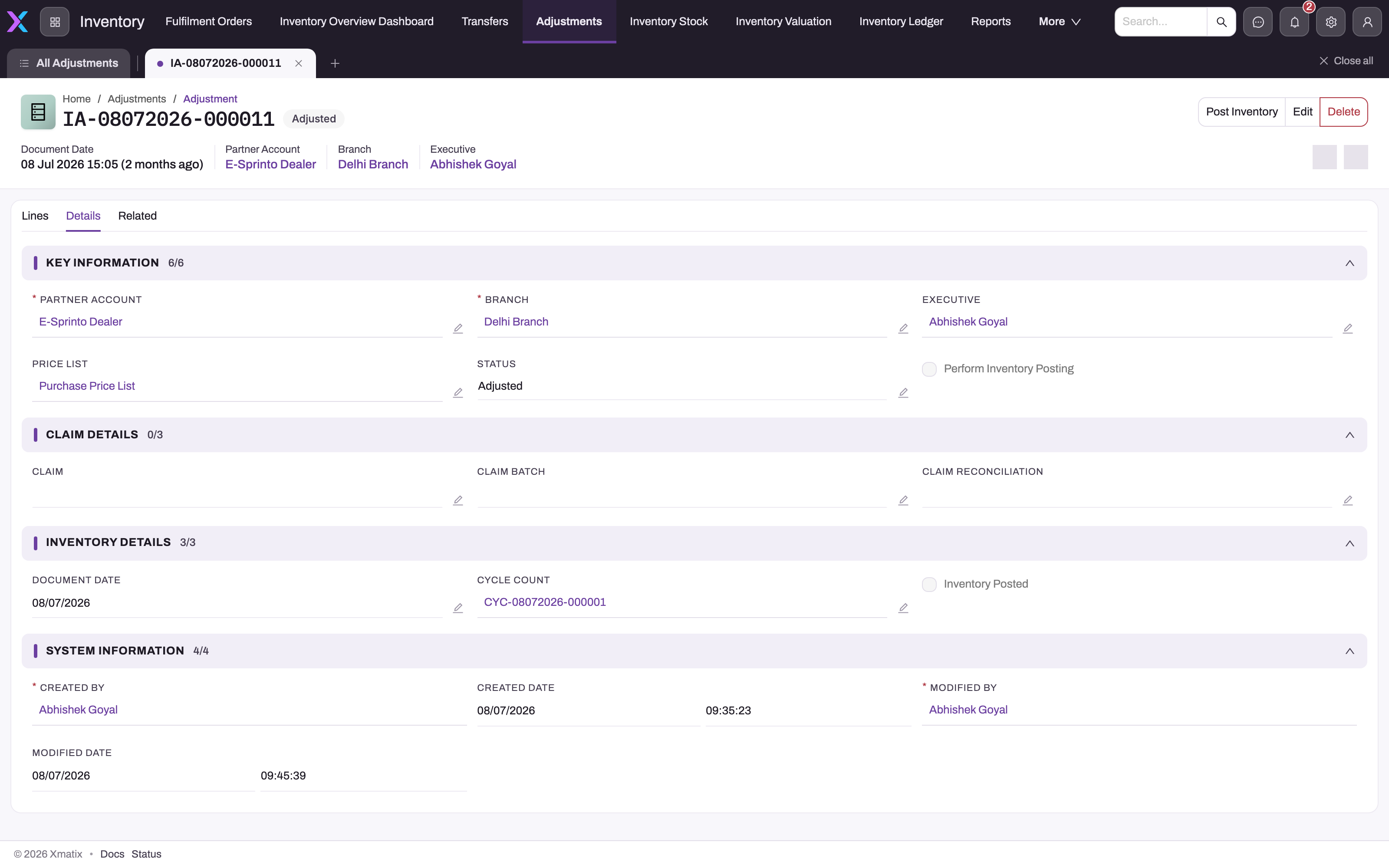 Saved adjustment on its Details tab with Key Information, Claim Details, Inventory Details and System Information sections
