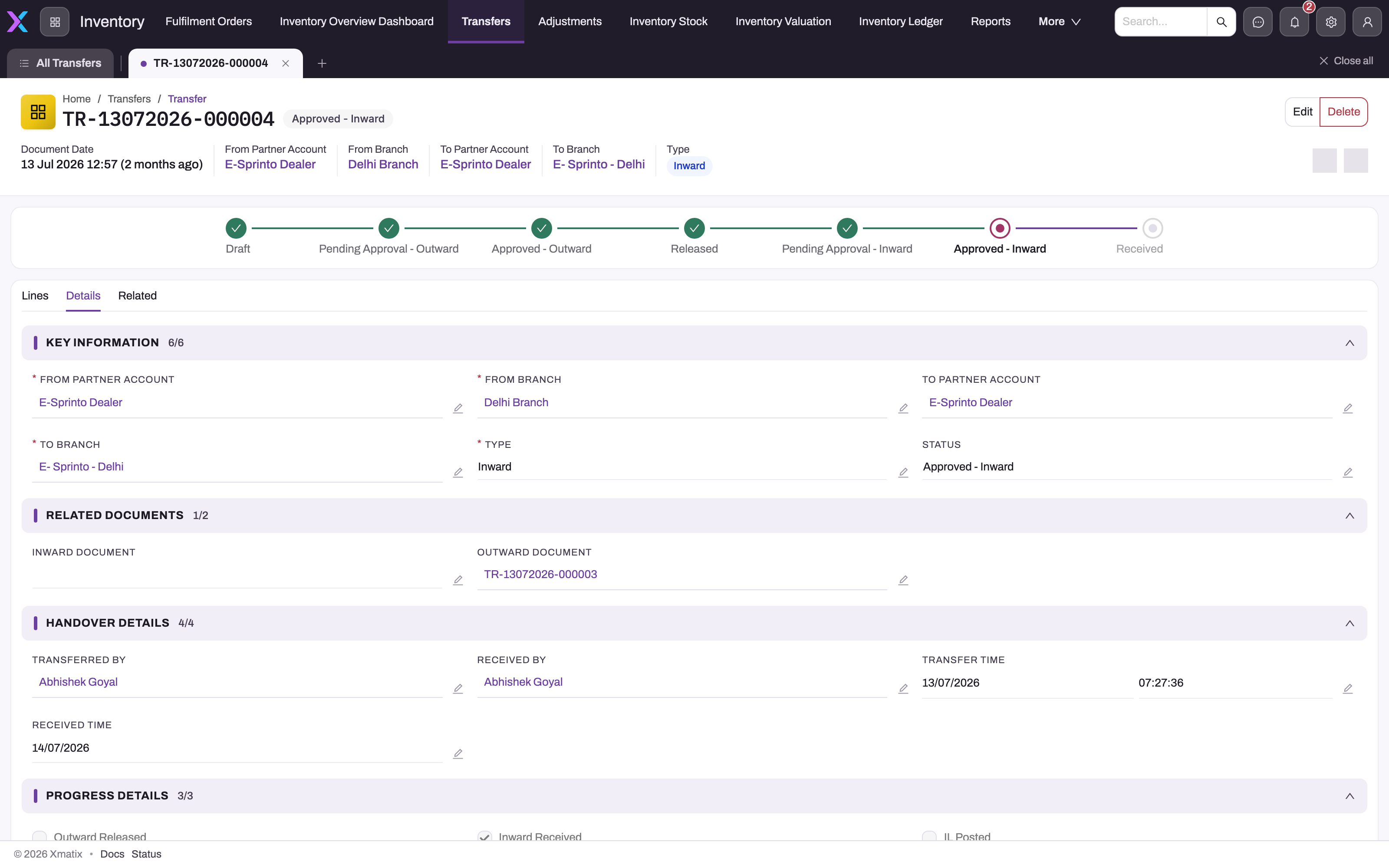 Generated inward transfer on its Details tab with Key Information, Related Documents, Handover Details and Progress Details