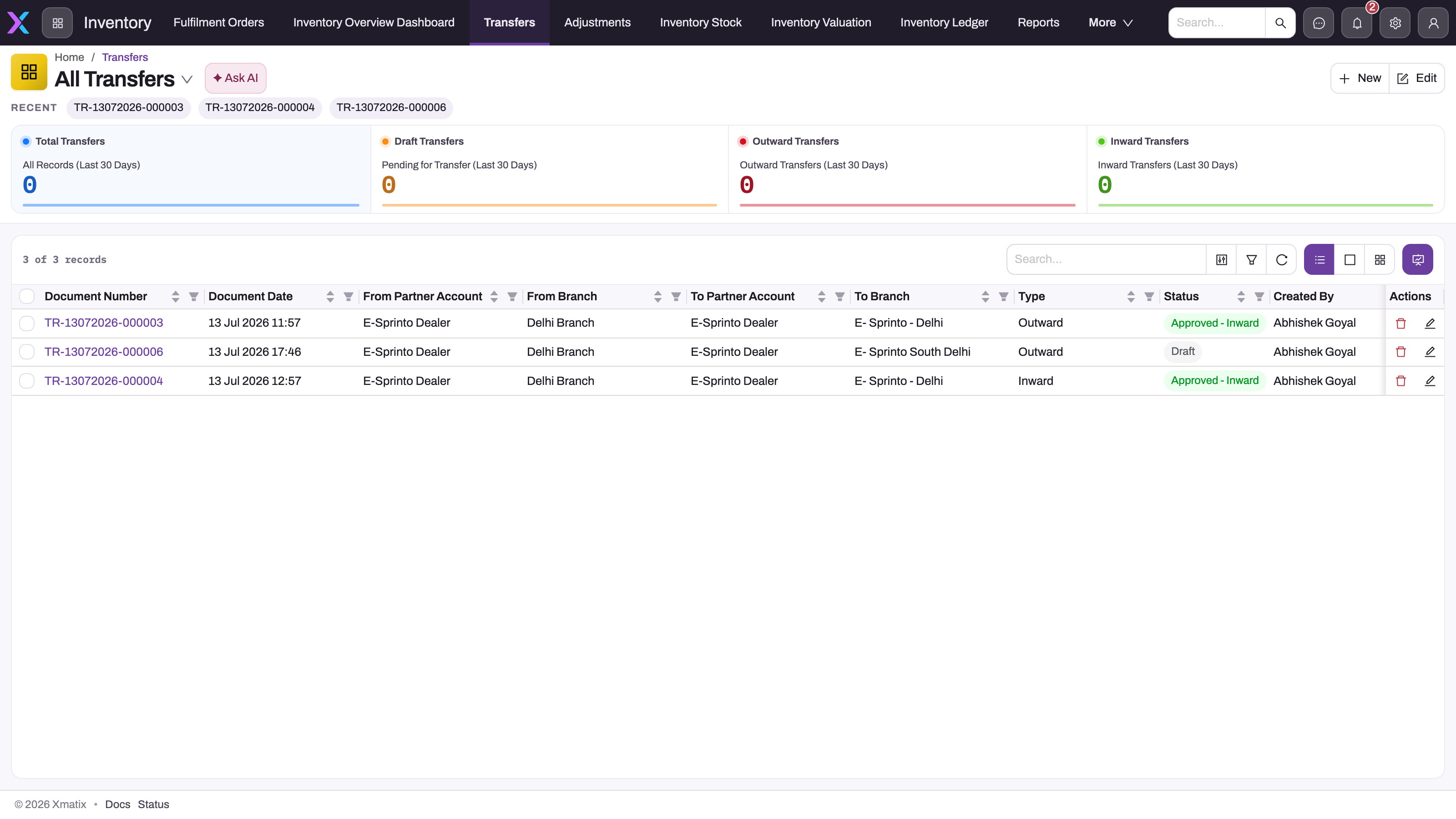 All Transfers list in the Inventory app showing outward and inward documents with source, destination, type and status