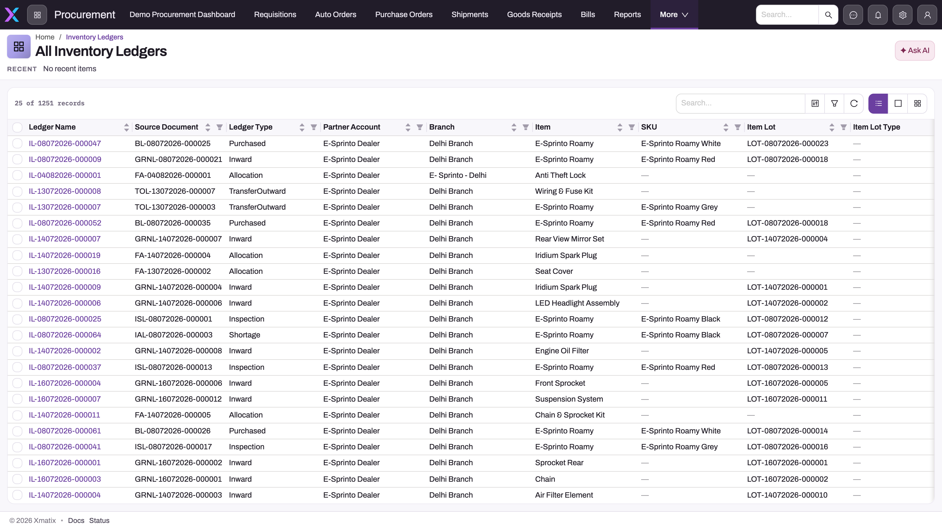 Populated Inventory Ledger showing source documents, ledger types, branches, items, SKUs and item lots