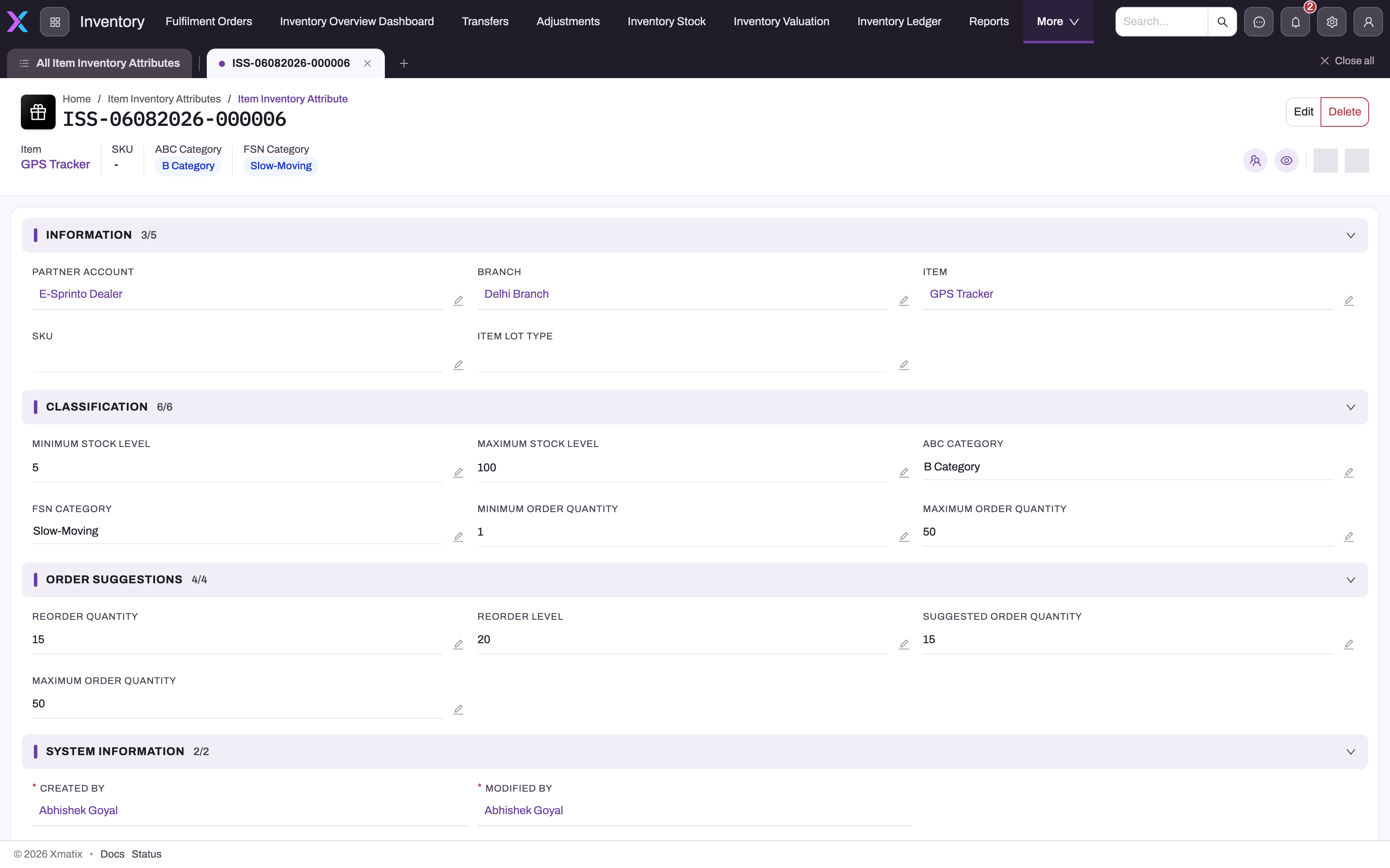 Item Inventory Attribute record with Information, Classification, Order Suggestions and System Information sections