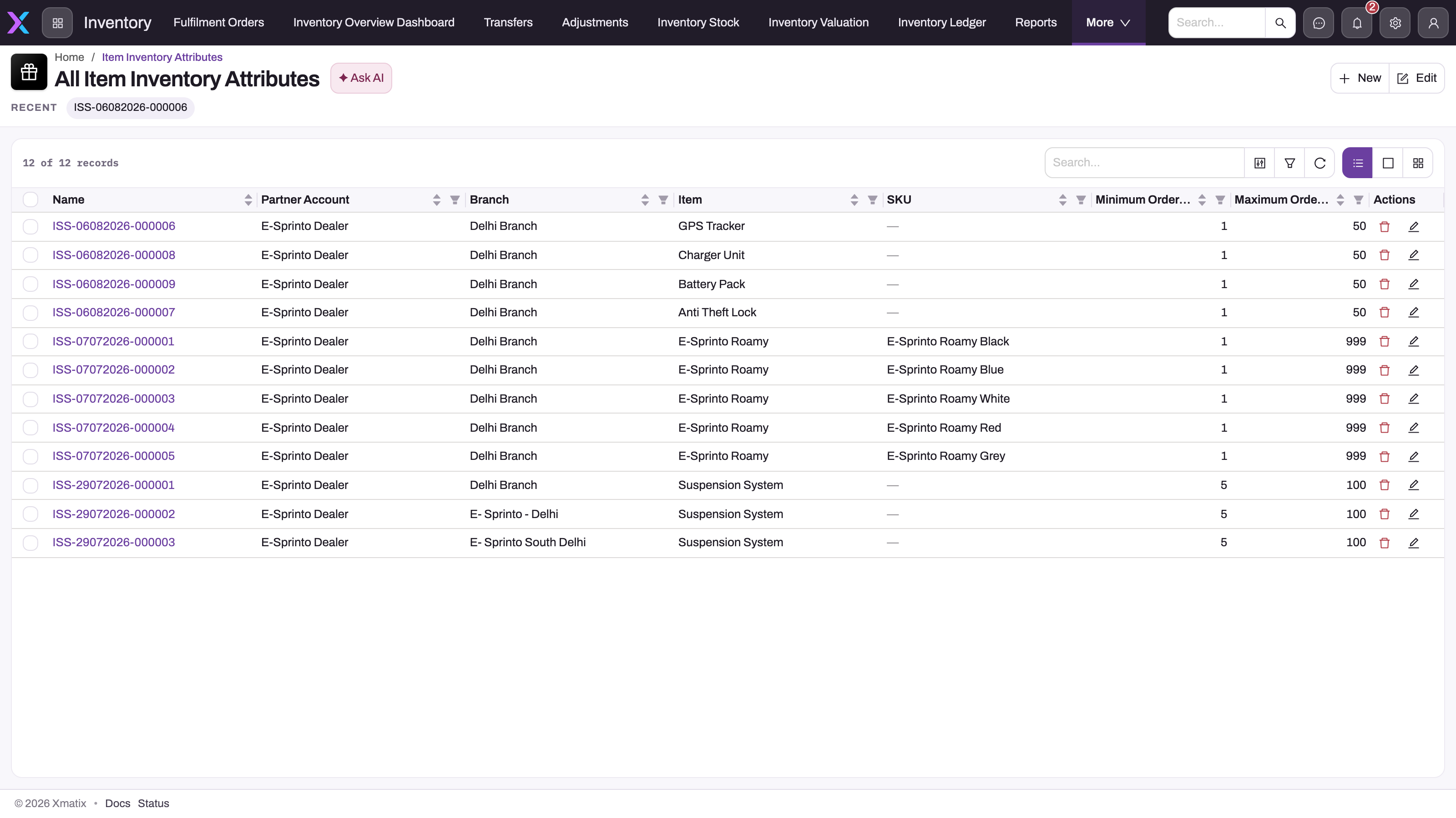 All Item Inventory Attributes list with partner account, branch, item, SKU and minimum/maximum order quantity columns