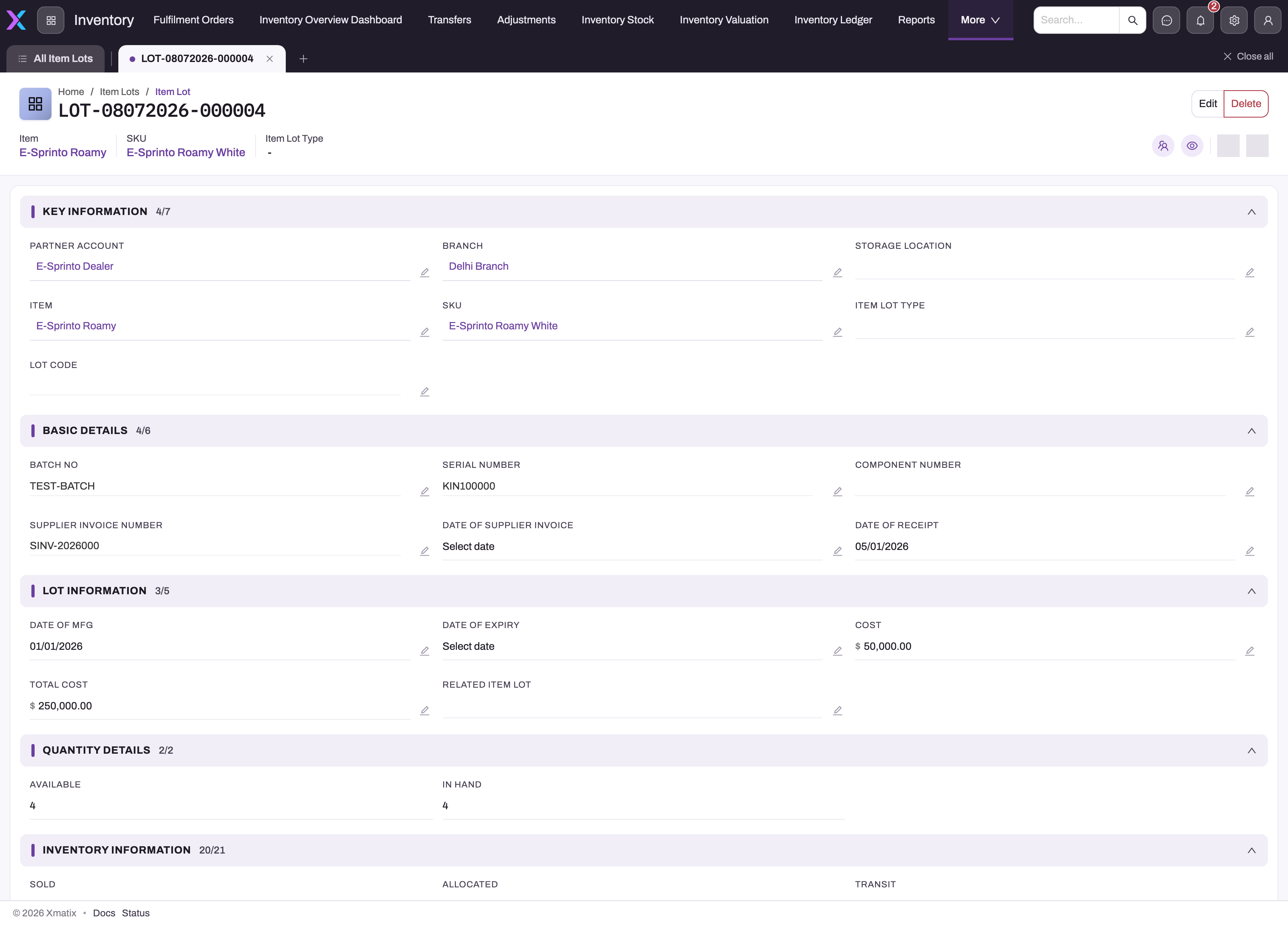 Item Lot detail page showing Key Information, Basic Details, Lot Information, Quantity Details and the start of the Inventory Information section