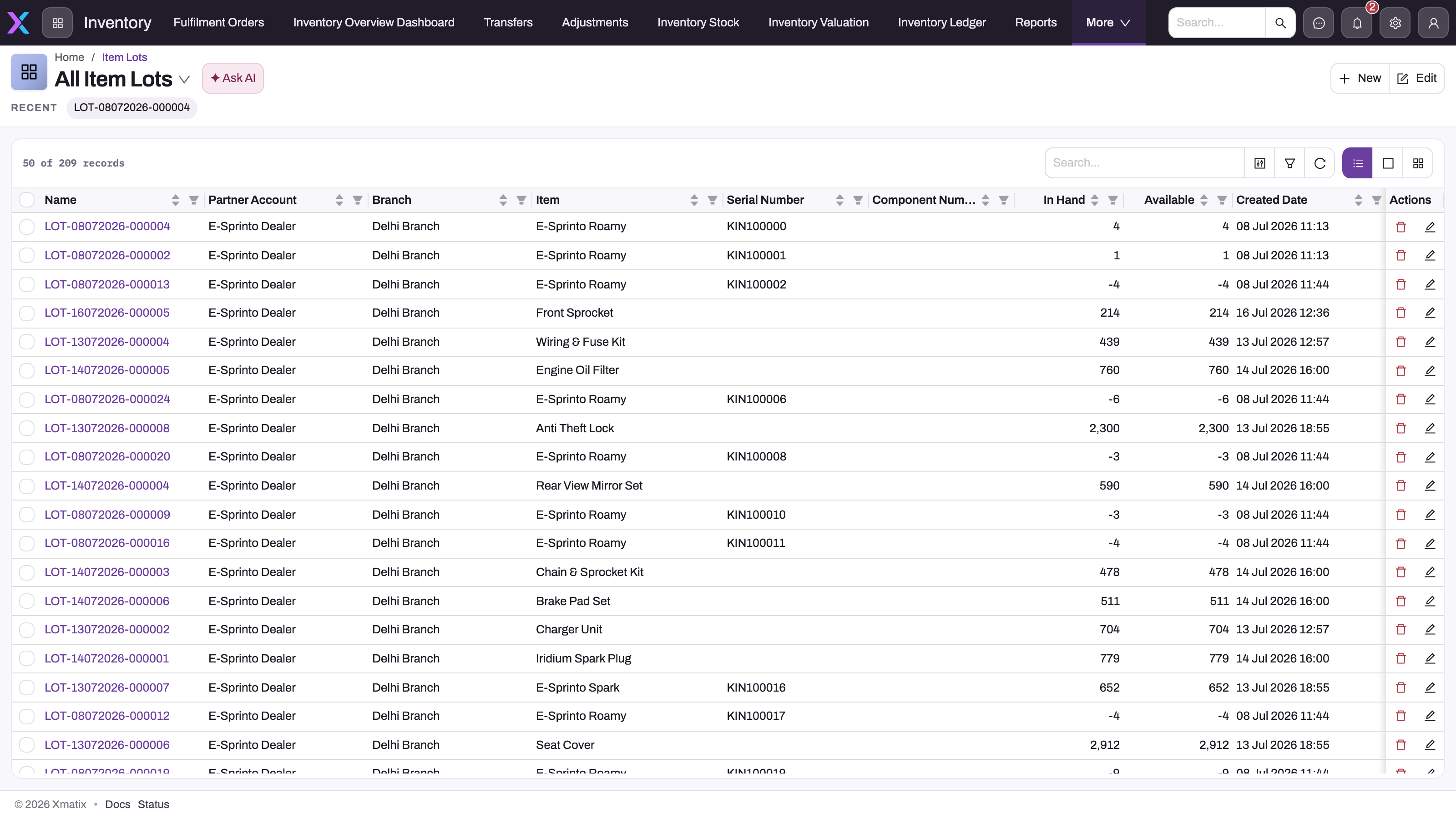 All Item Lots list in the Inventory app: Name, Partner Account, Branch, Item, Serial Number, Component Number, In Hand, Available and Created Date columns, with several lots showing negative In Hand