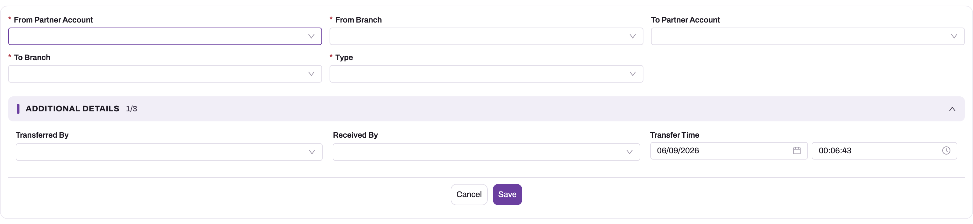 New transfer form with From Partner Account, From Branch, To Partner Account, To Branch, Type and the Additional Details group