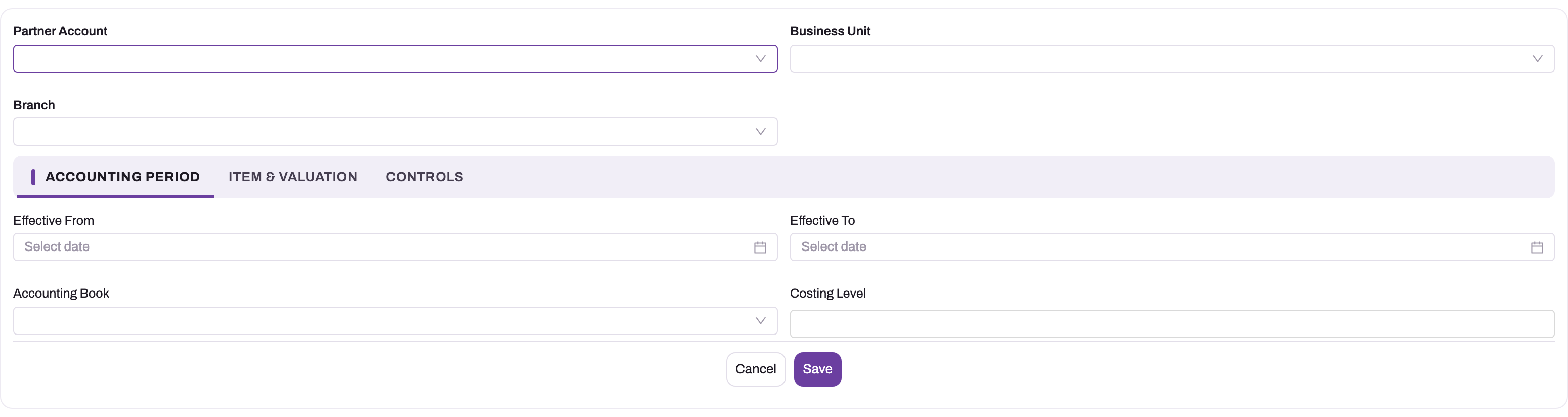 New Inventory Valuation Policy form on the Accounting Period tab with Partner Account, Business Unit and Branch scope fields, Effective From/To, Accounting Book and Costing Level