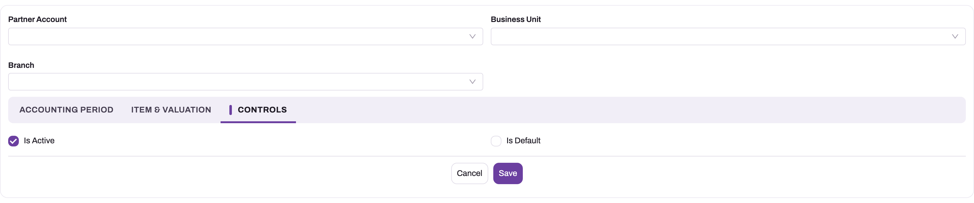 New Inventory Valuation Policy form on the Controls tab showing Is Active checked and Is Default unchecked