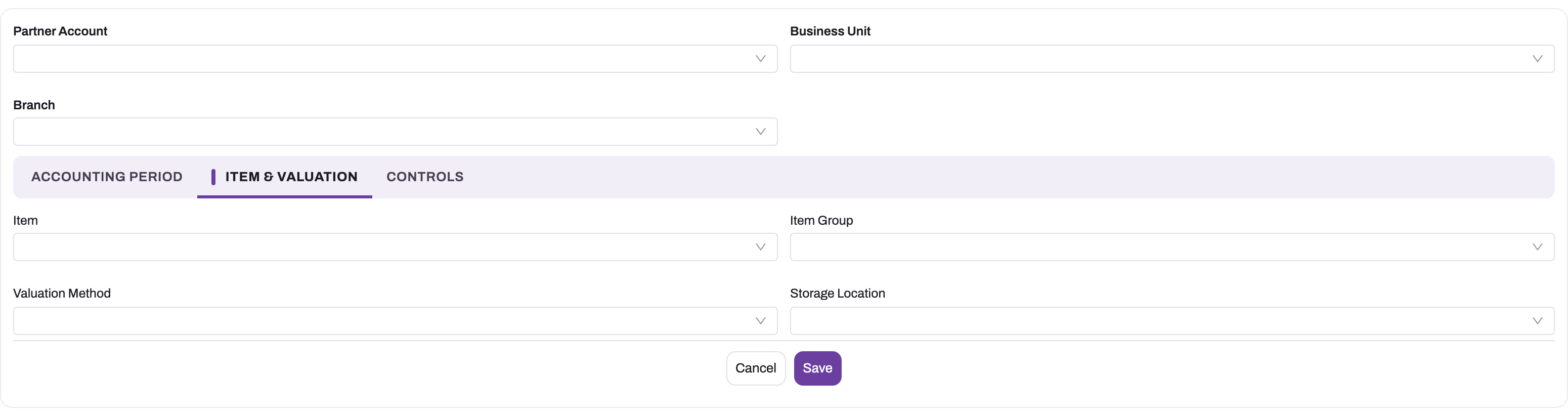 New Inventory Valuation Policy form on the Item & Valuation tab with Item, Item Group, Valuation Method and Storage Location