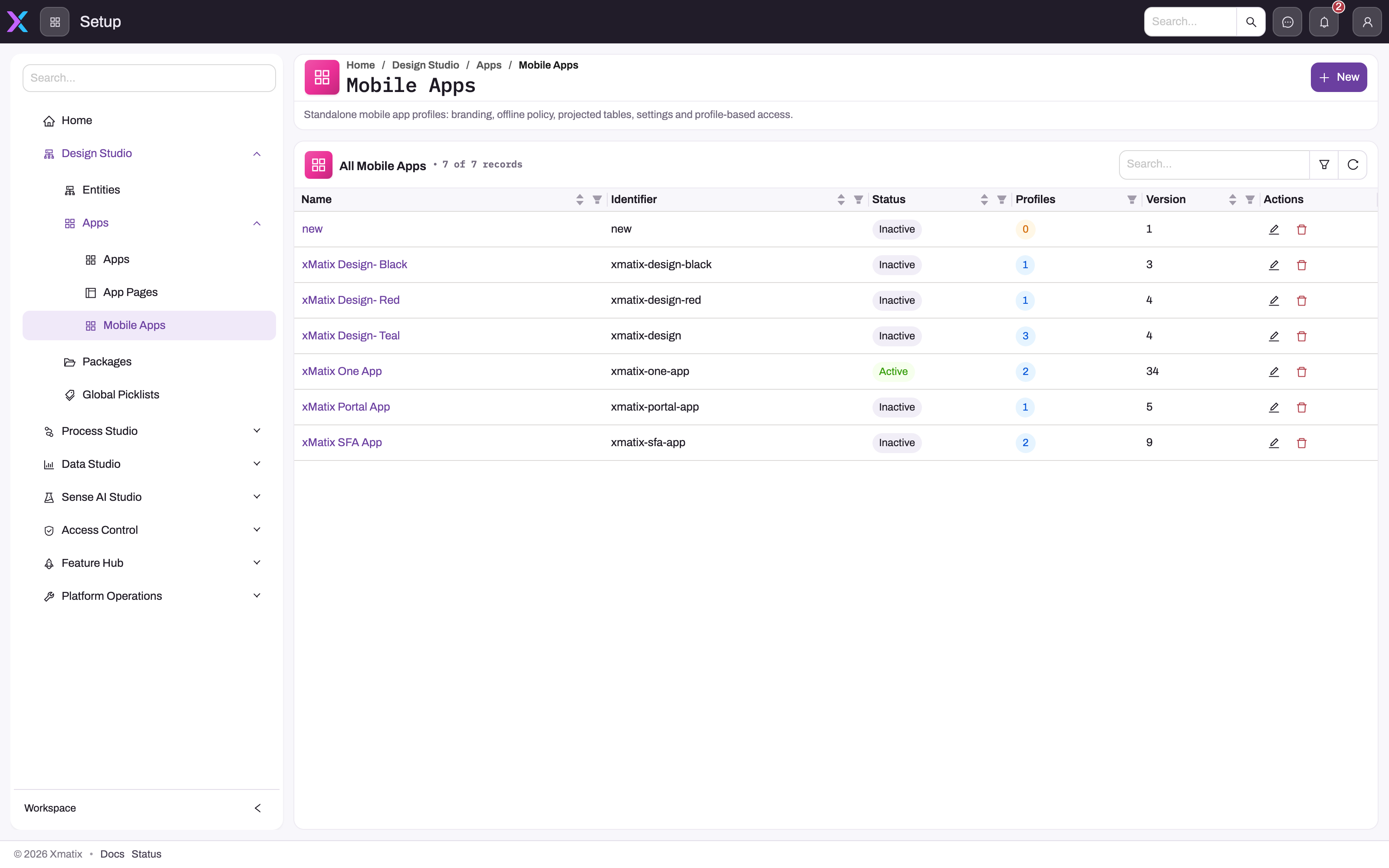 Mobile Apps setup registry listing seven mobile app configurations with Name, Identifier, Status, Profiles, Version and edit and delete actions