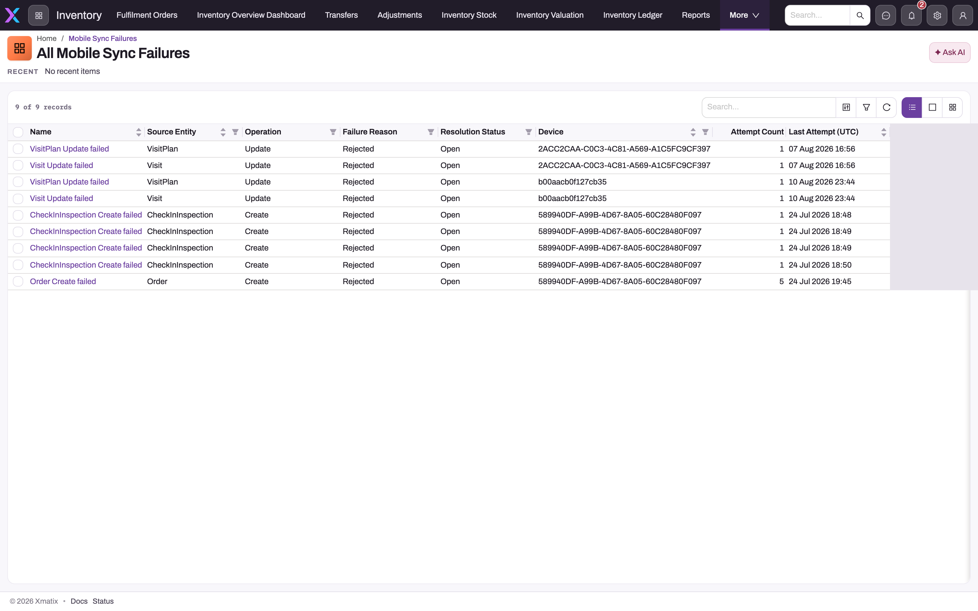 All Mobile Sync Failures list with nine Open, Rejected failures showing name, source entity, operation, failure reason, resolution status, device, attempt count and last attempt time