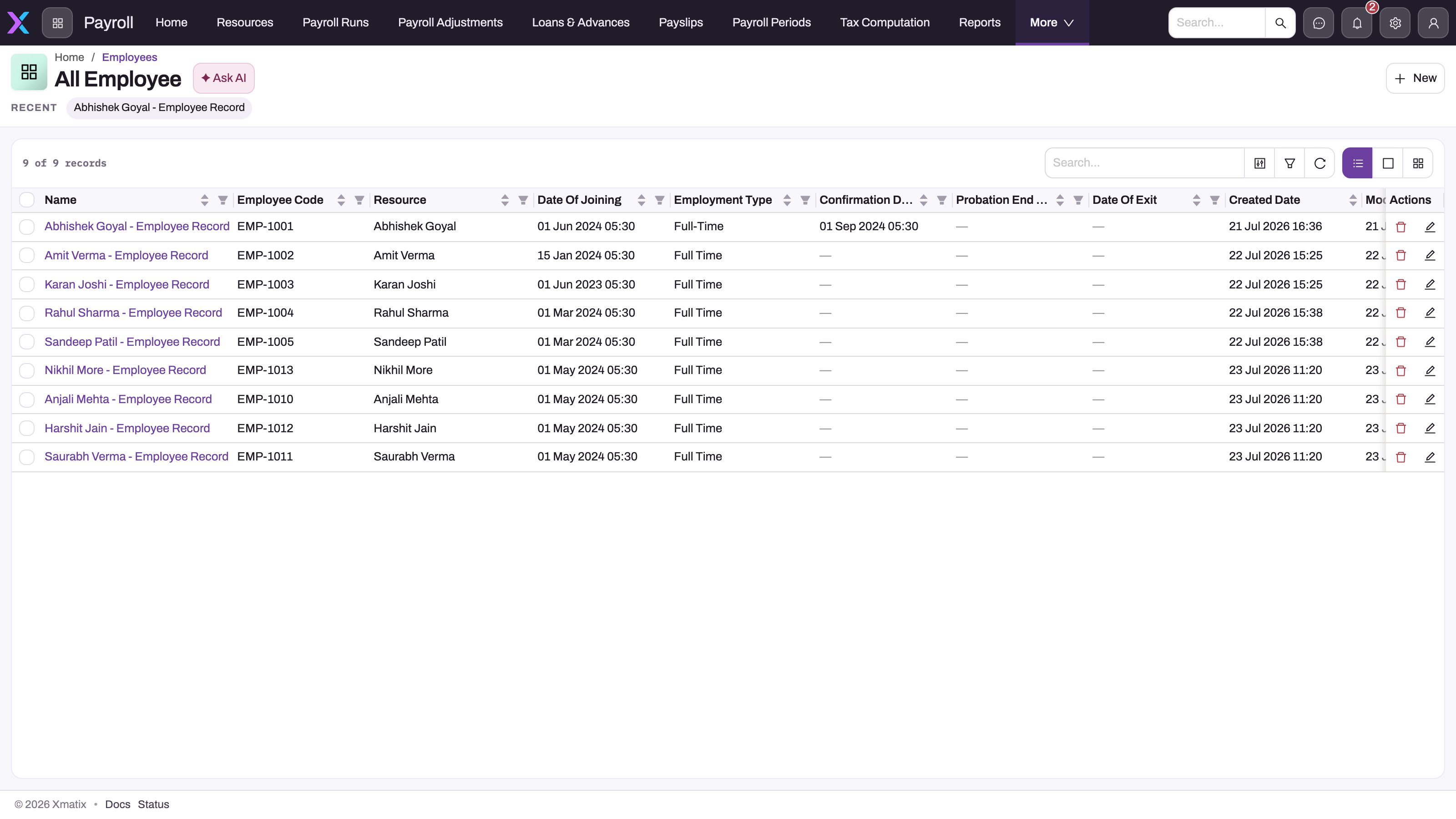 All Employee list in the Payroll app with nine employee records showing employee code, linked Resource, date of joining, employment type, confirmation, probation end and exit dates