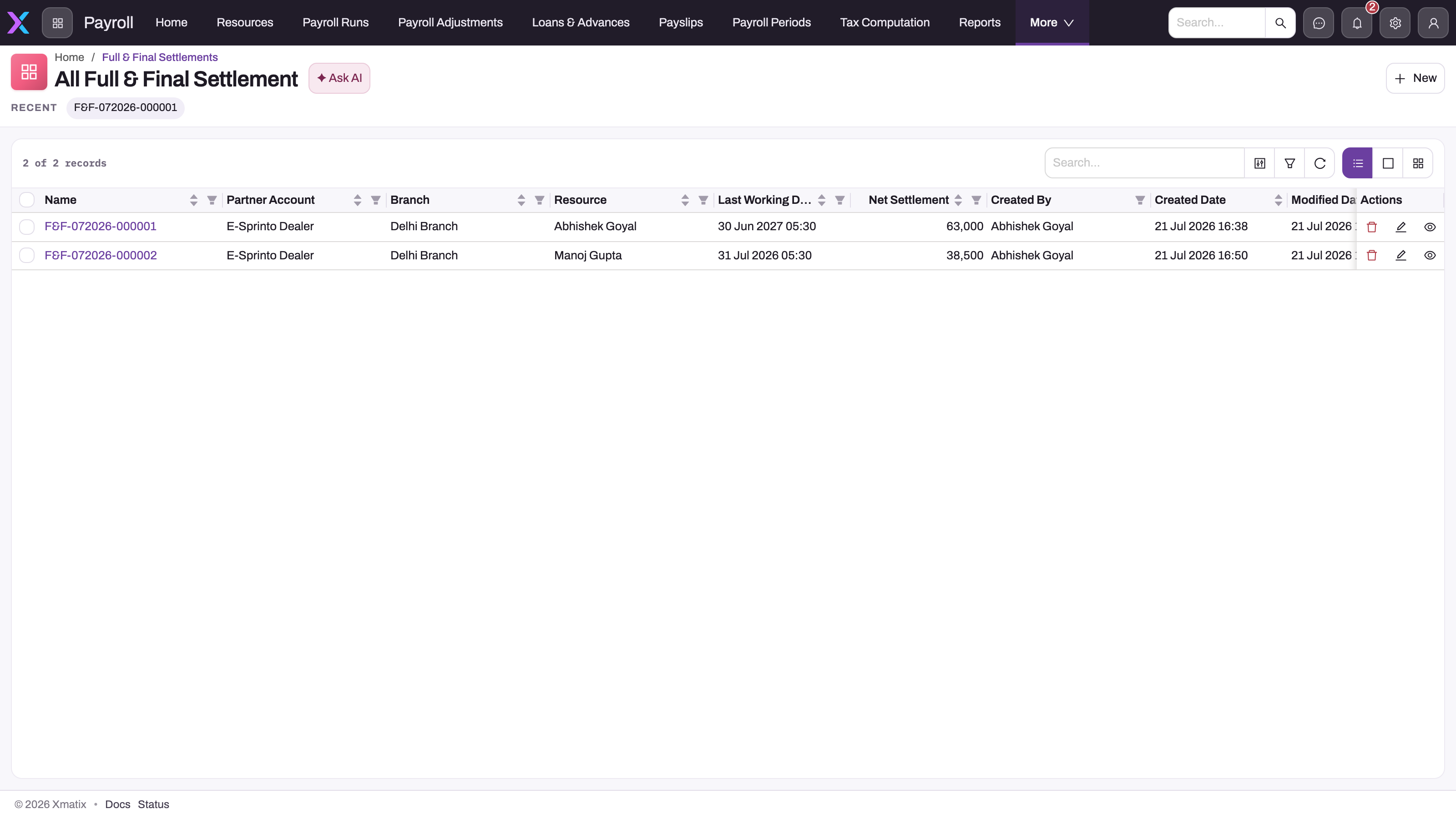 All Full & Final Settlement list in the Payroll app with two settlements showing partner account, branch, Resource, last working day and net settlement