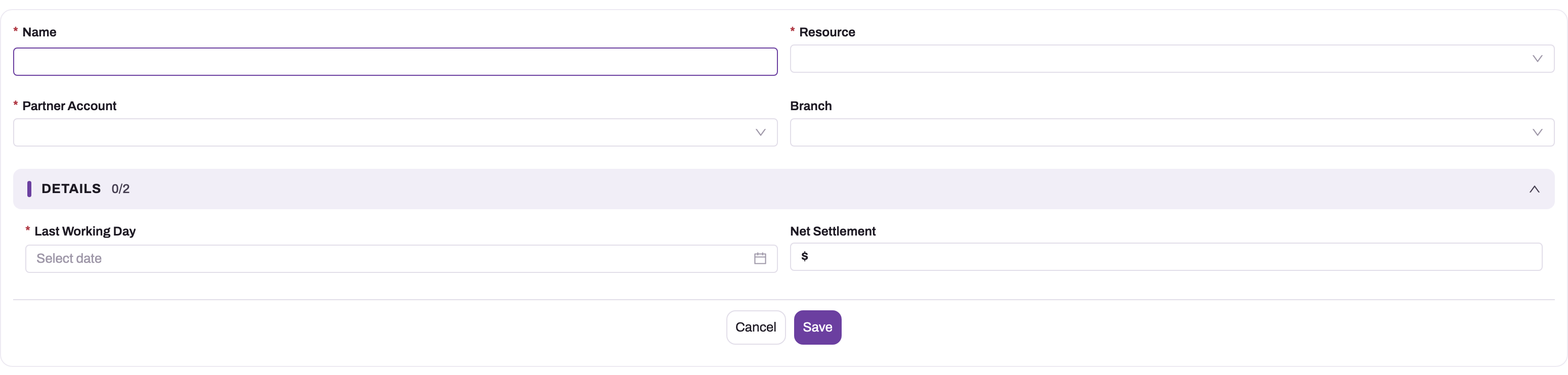 New Full & Final Settlement form: Name, Resource, Partner Account and Branch, then a Details group with Last Working Day and Net Settlement, with Cancel and Save