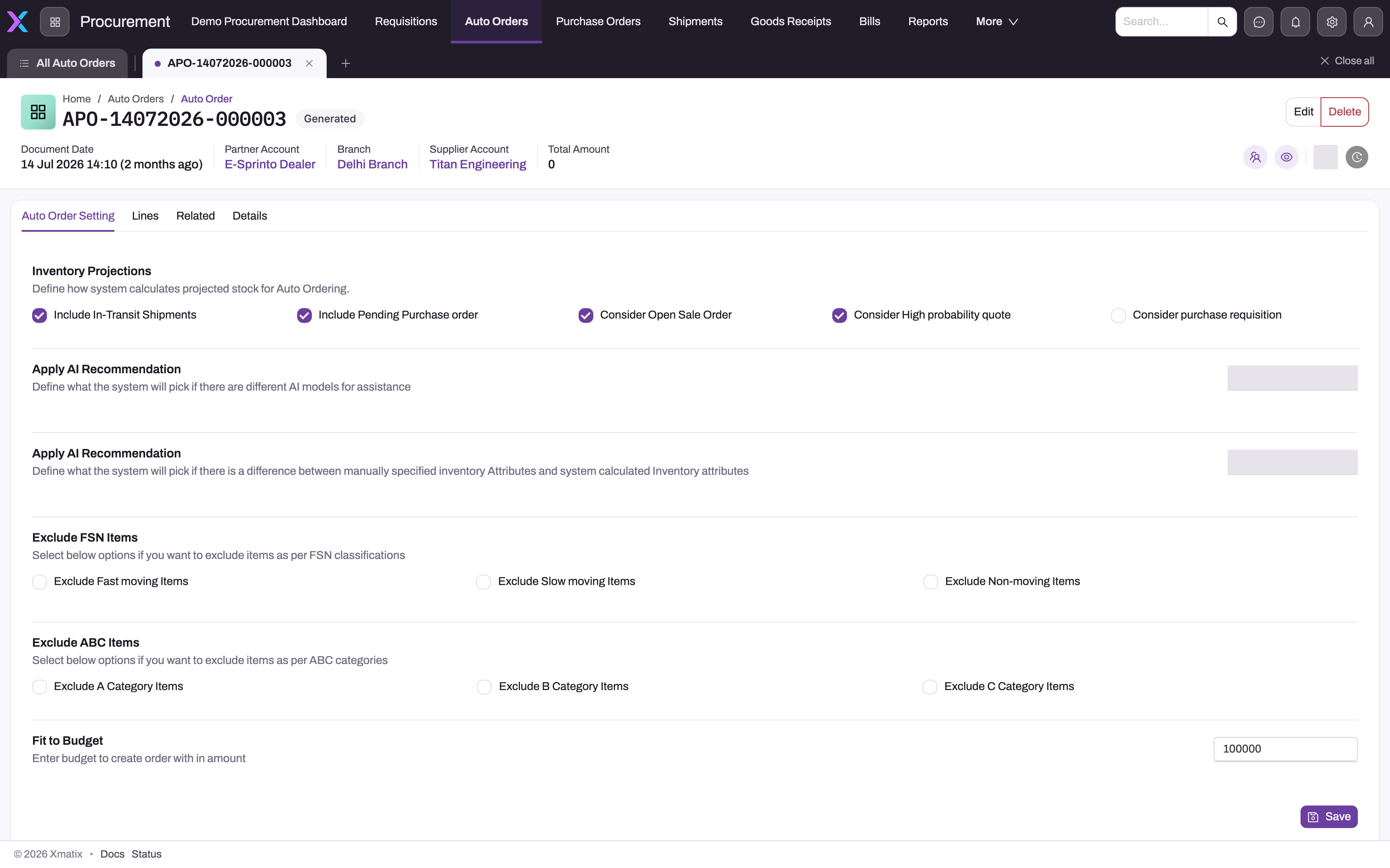 Saved Auto Order on the Auto Order Setting tab with Inventory Projections switches, two Apply AI Recommendation selectors, FSN and ABC exclusions and a Fit to Budget amount