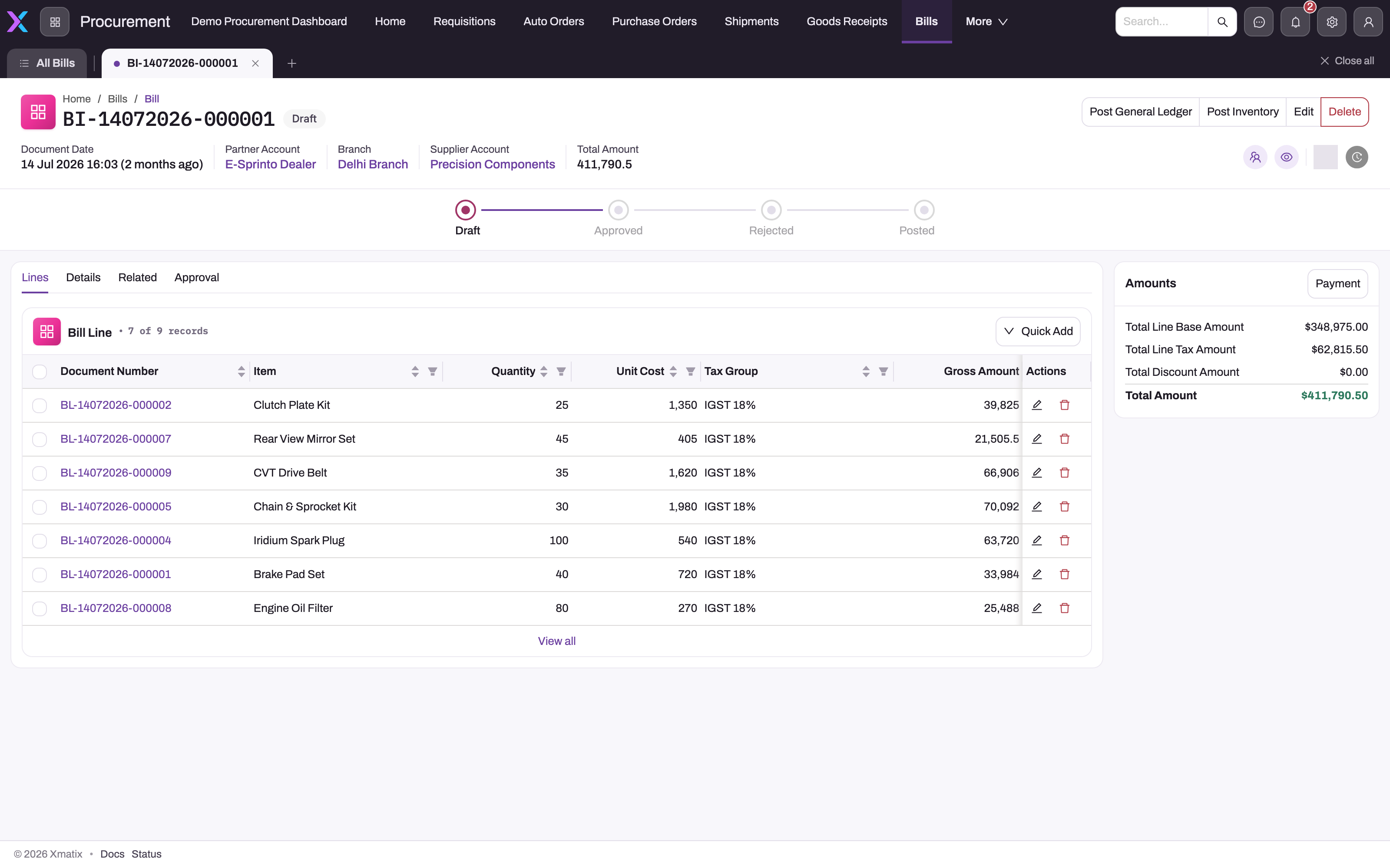 Saved supplier bill on its Lines tab with Post General Ledger and Post Inventory in the header, a Draft-Approved-Rejected-Posted status stepper, seven priced bill lines and an Amounts panel with a Payment button