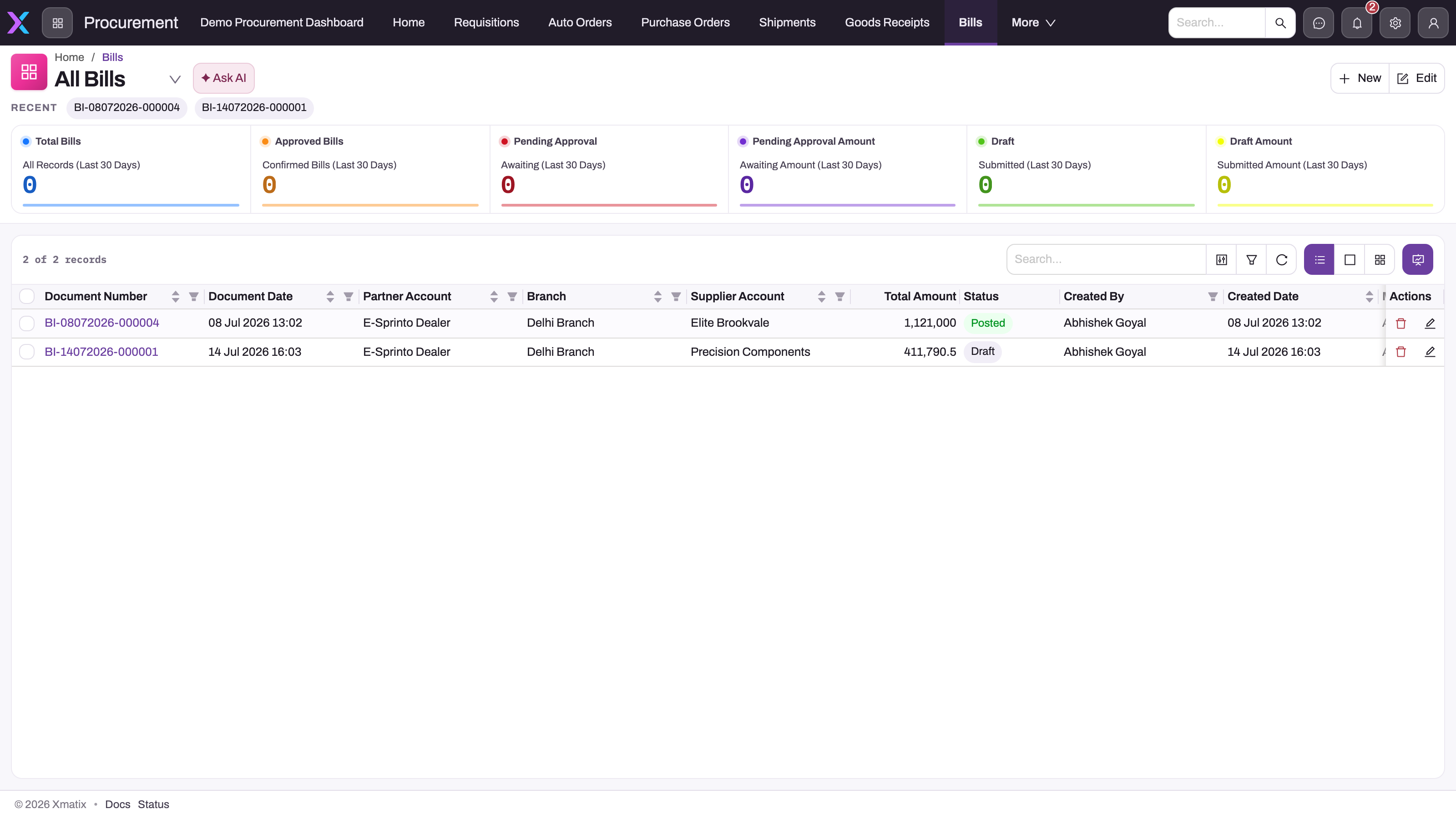All Bills list in the Procurement app with document number, document date, partner account, branch, supplier account, total amount and status columns and six approval and draft counters