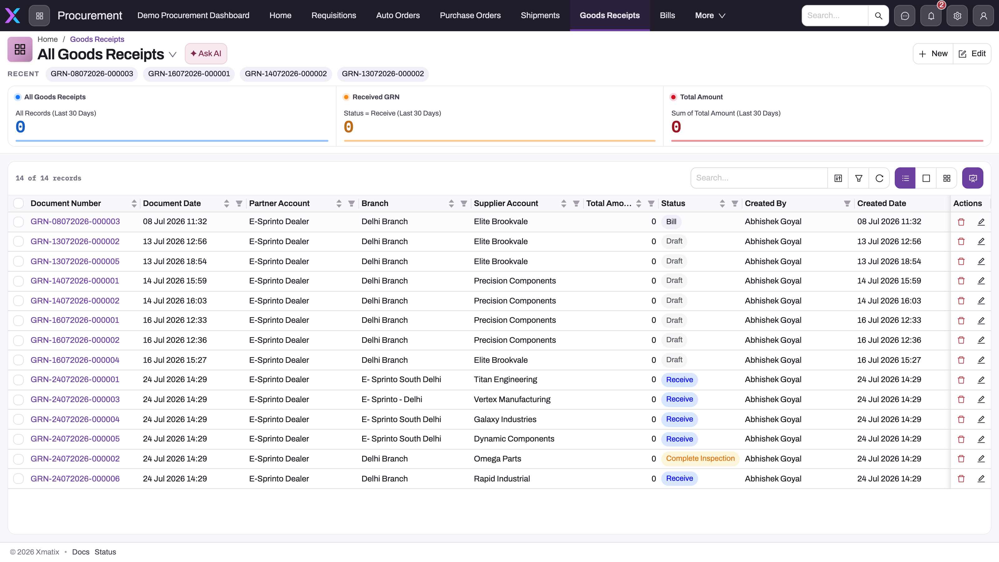 All Goods Receipts list in the Procurement app with document number, document date, partner account, branch, supplier account, total amount and status columns