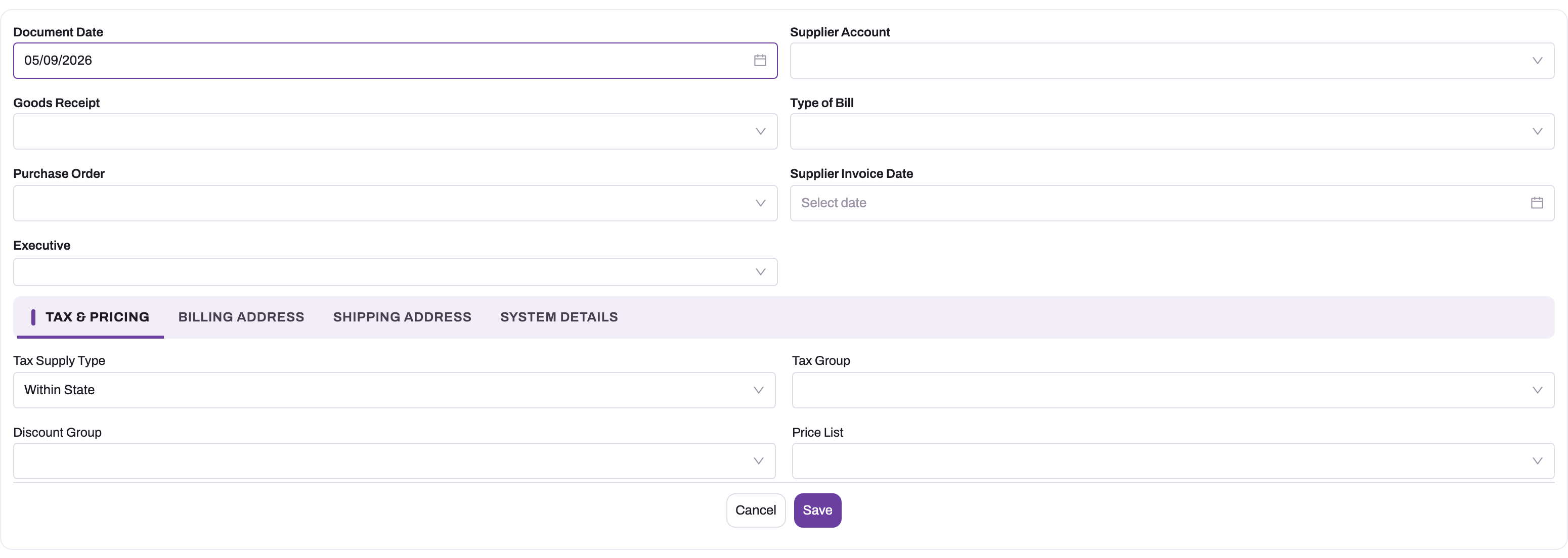 New Bill form with Document Date, Supplier Account, Goods Receipt, Type of Bill, Purchase Order, Supplier Invoice Date and Executive, and the Tax & Pricing tab showing Tax Supply Type, Tax Group, Discount Group and Price List