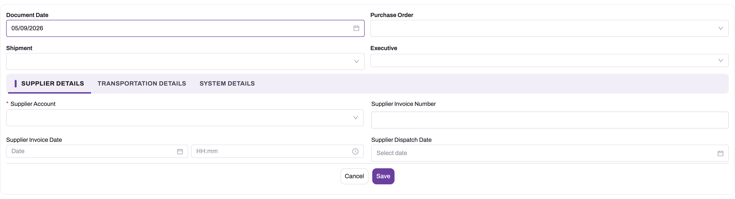 New Goods Receipt form with Document Date, Purchase Order, Shipment and Executive, and the Supplier Details tab showing Supplier Account, Supplier Invoice Number, Supplier Invoice Date and Supplier Dispatch Date