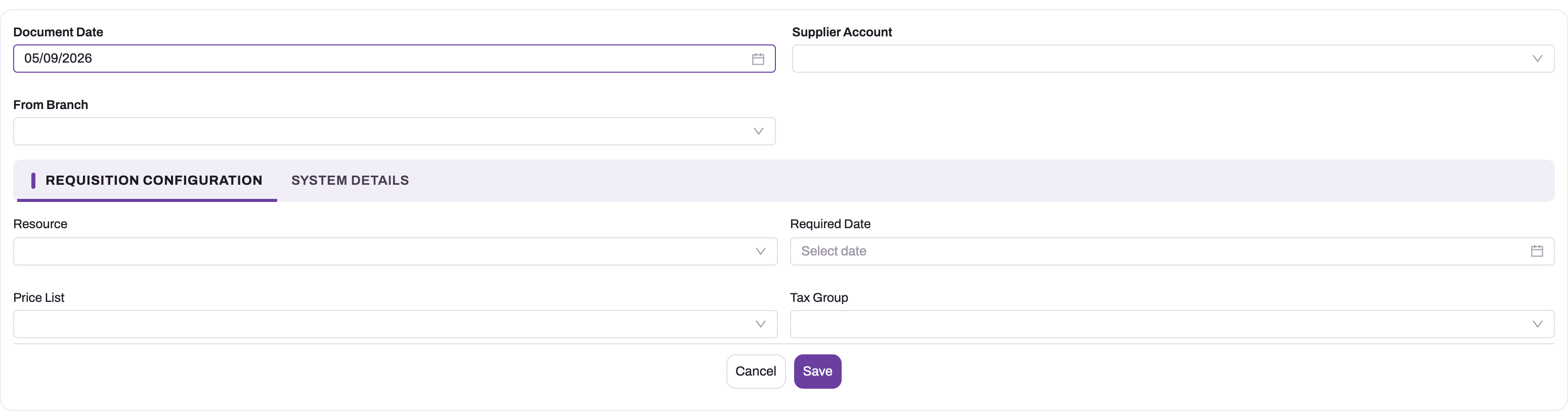 New Requisition form with Document Date, Supplier Account and From Branch, and a Requisition Configuration tab holding Resource, Required Date, Price List and Tax Group
