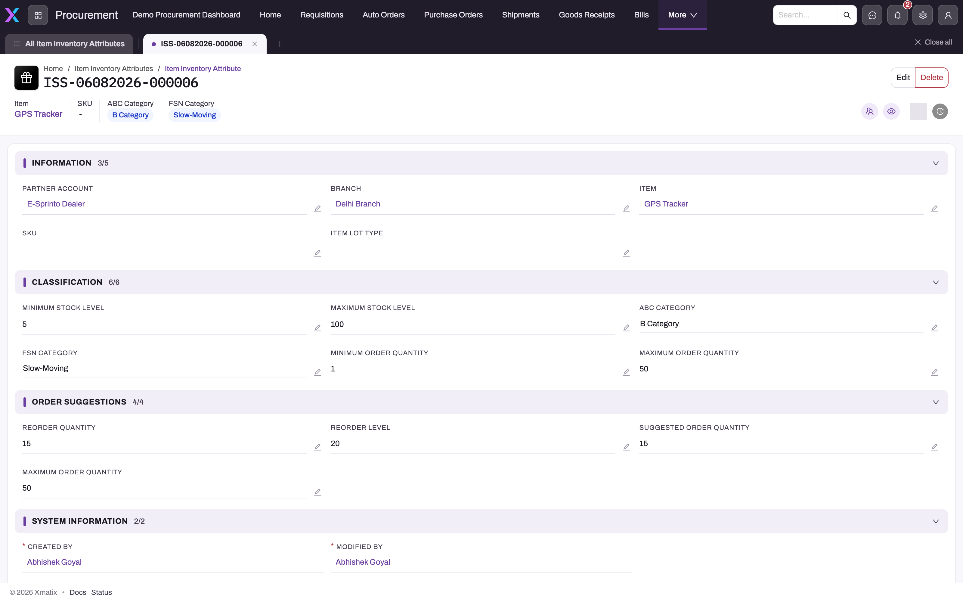 Saved Item Inventory Attribute for one item at one branch showing the Information, Classification, Order Suggestions and System Information sections