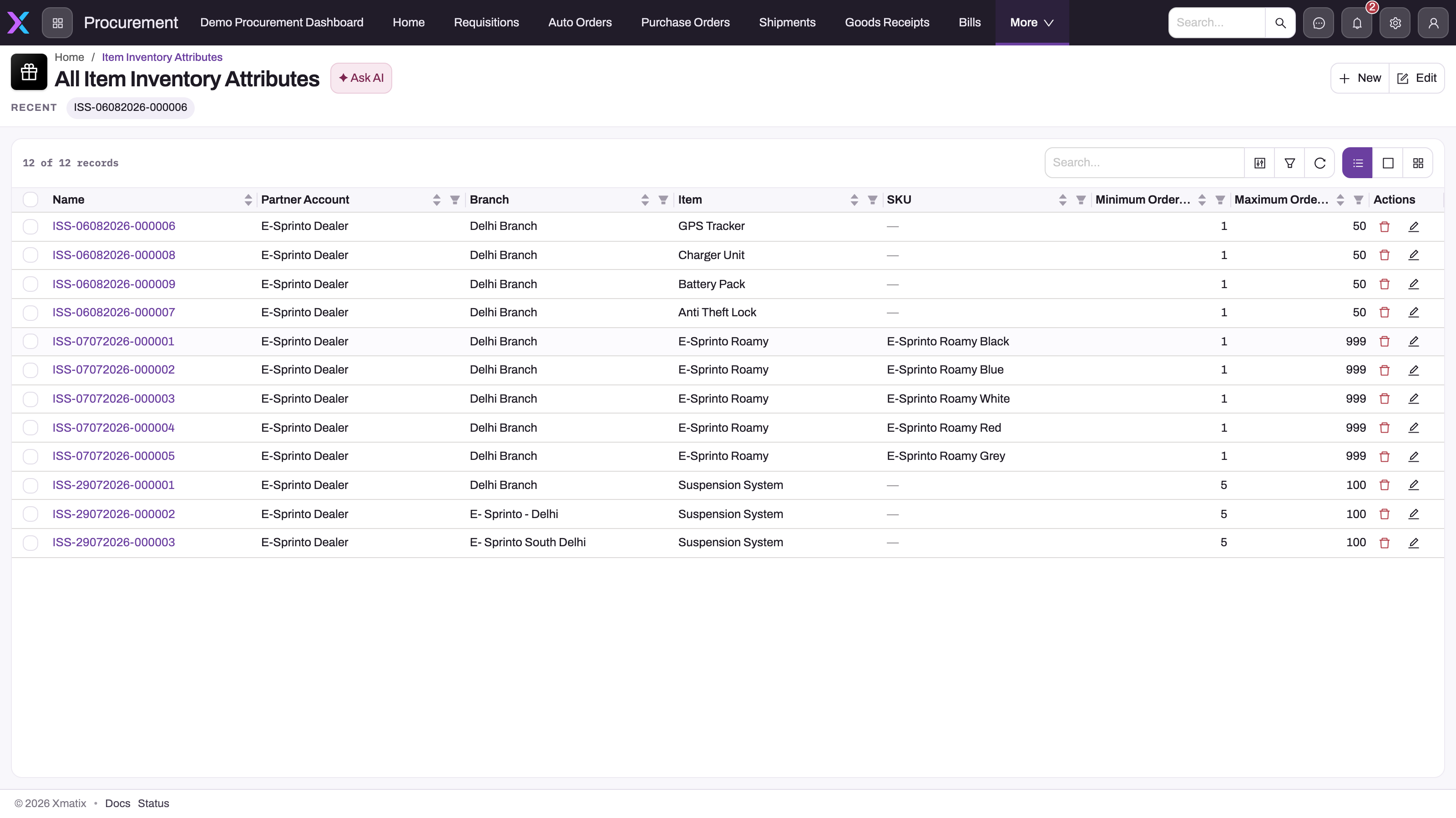 All Item Inventory Attributes list showing twelve planning rows with Name, Partner Account, Branch, Item, SKU, Minimum Order Quantity and Maximum Order Quantity columns