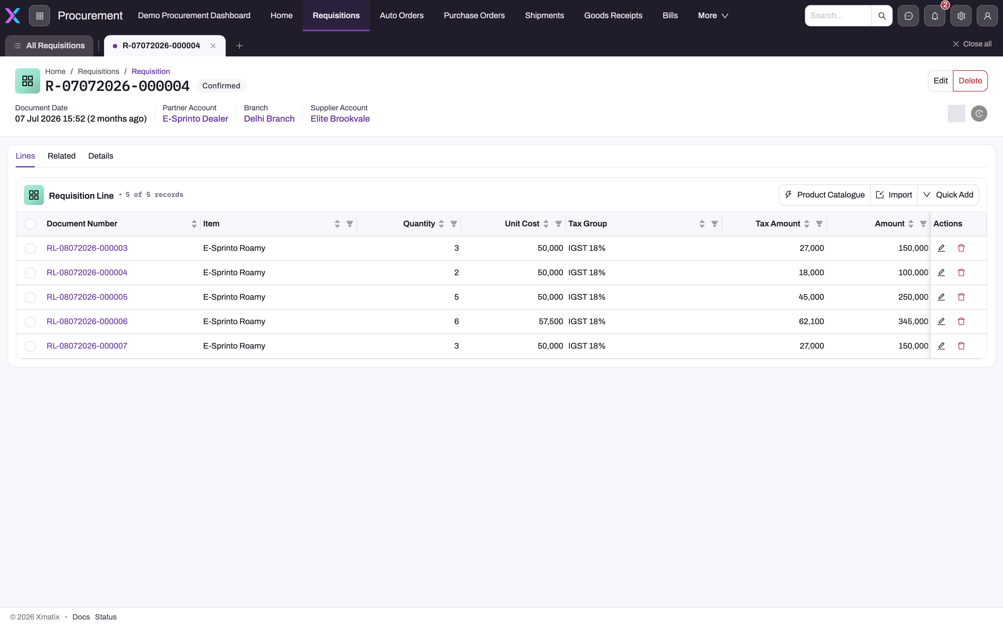 Saved requisition on its Lines tab listing five Requisition Lines with document number, item, quantity, unit cost, tax group, tax amount and amount, and a toolbar with Product Catalogue, Import and Quick Add