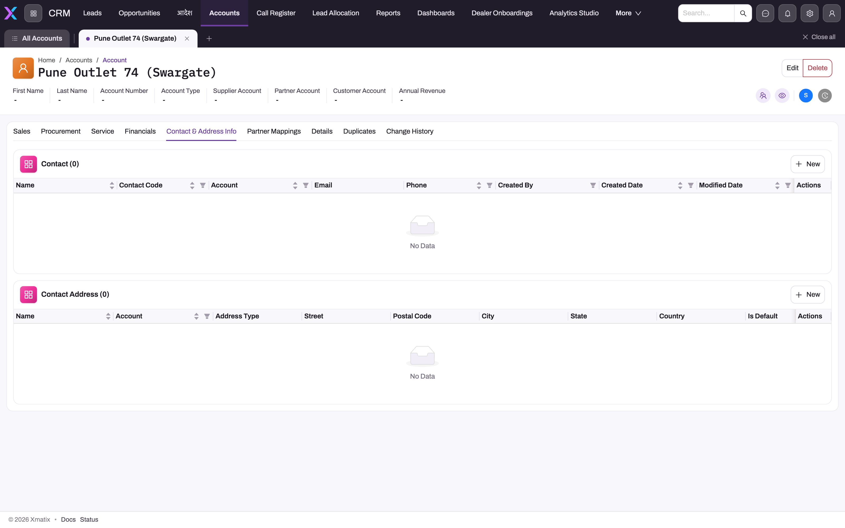 Account detail page with Contact and Address Info tab and two related lists