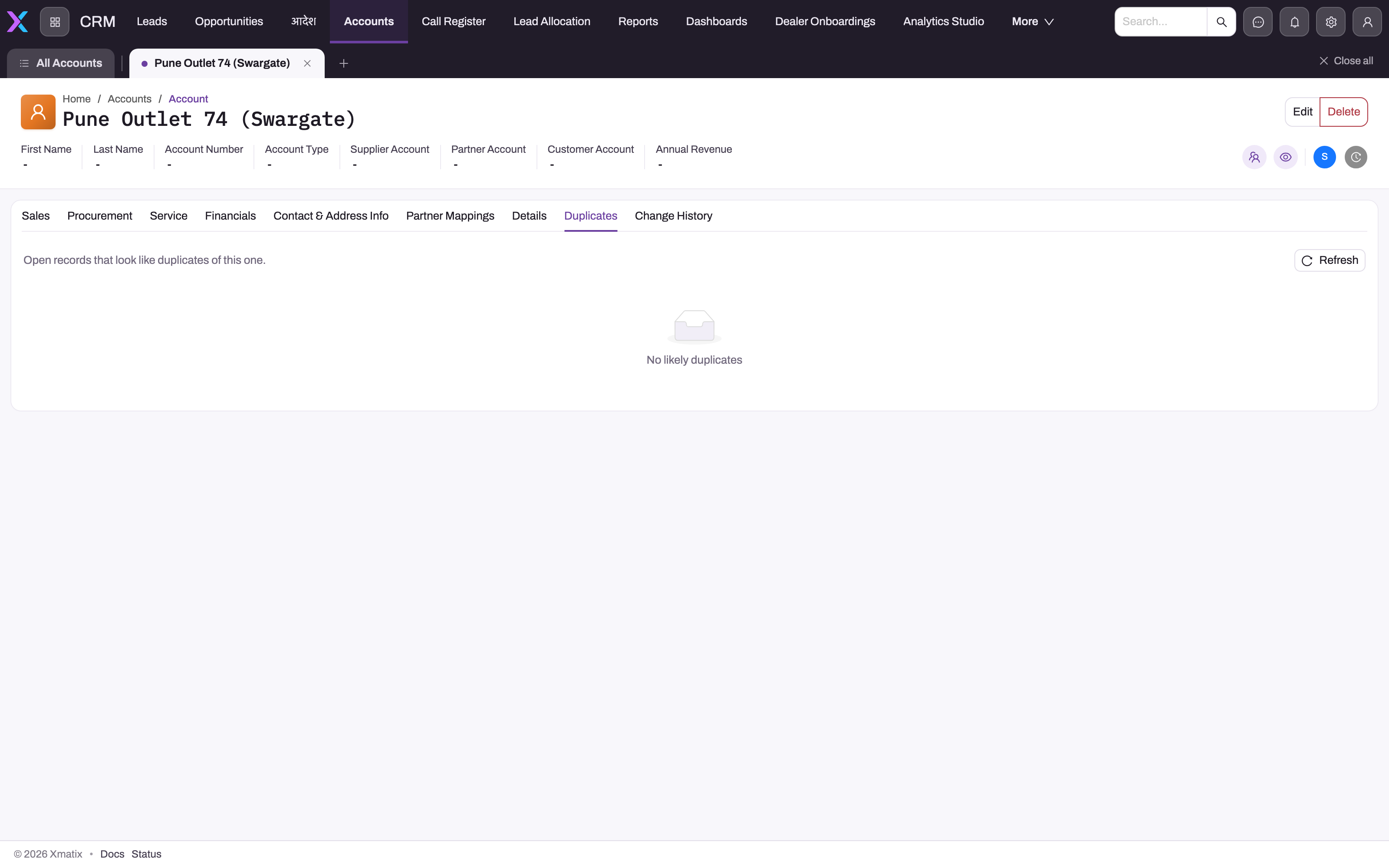 Account detail Duplicates tab reporting no likely duplicate records