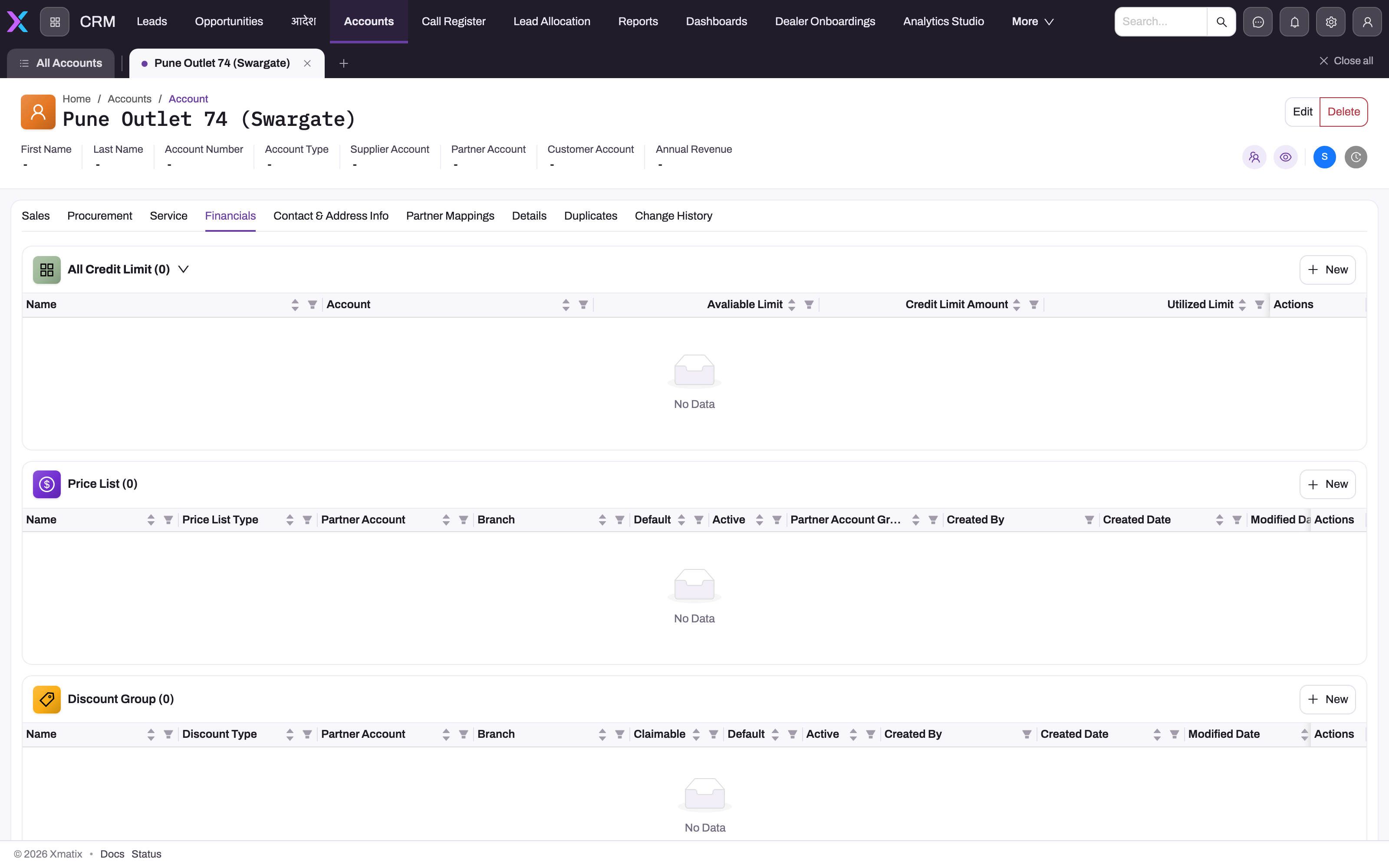 Account detail page with Financials tab showing credit-limit, price-list and discount-group panels