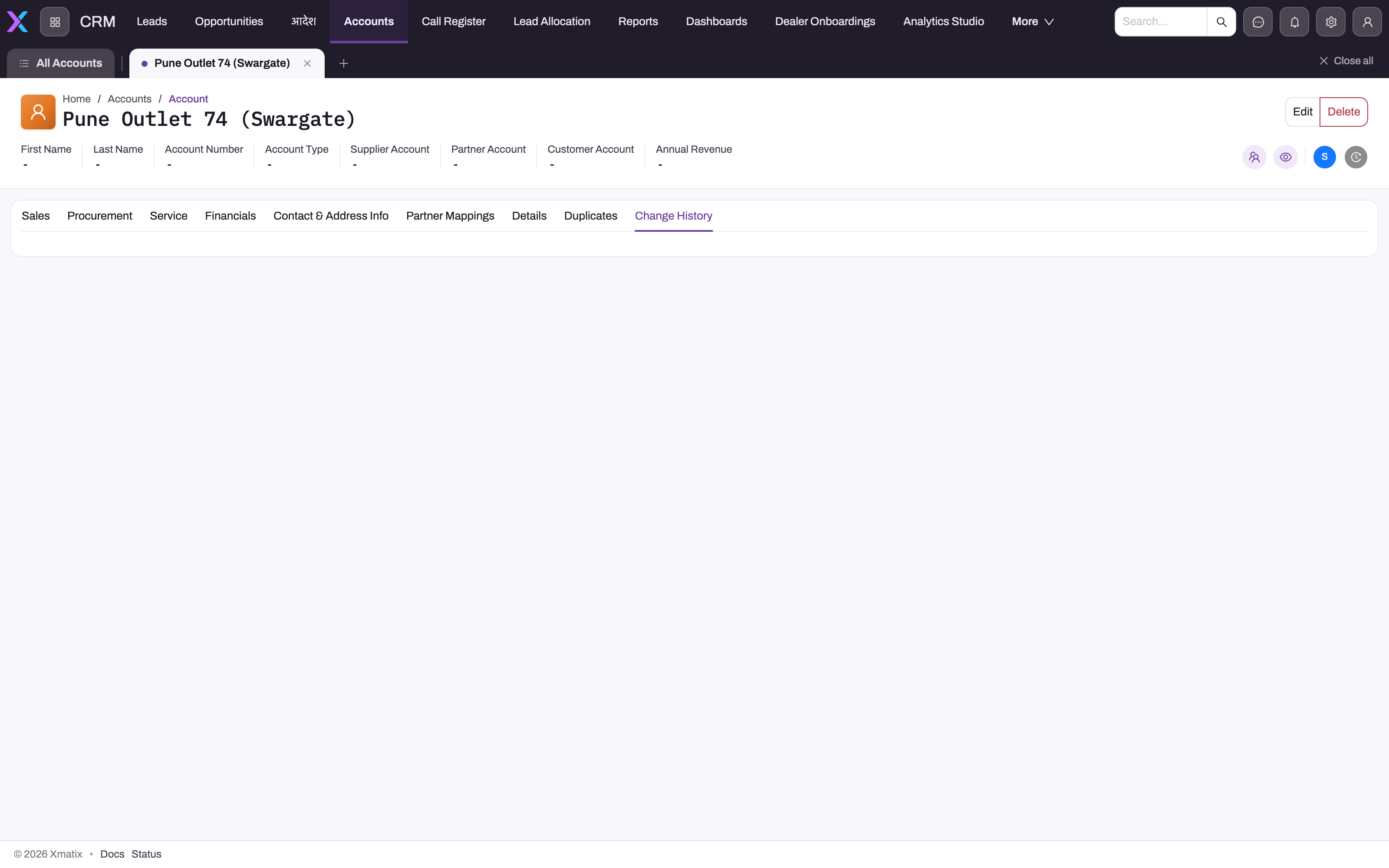 Account detail Change History tab ready to show the audit trail