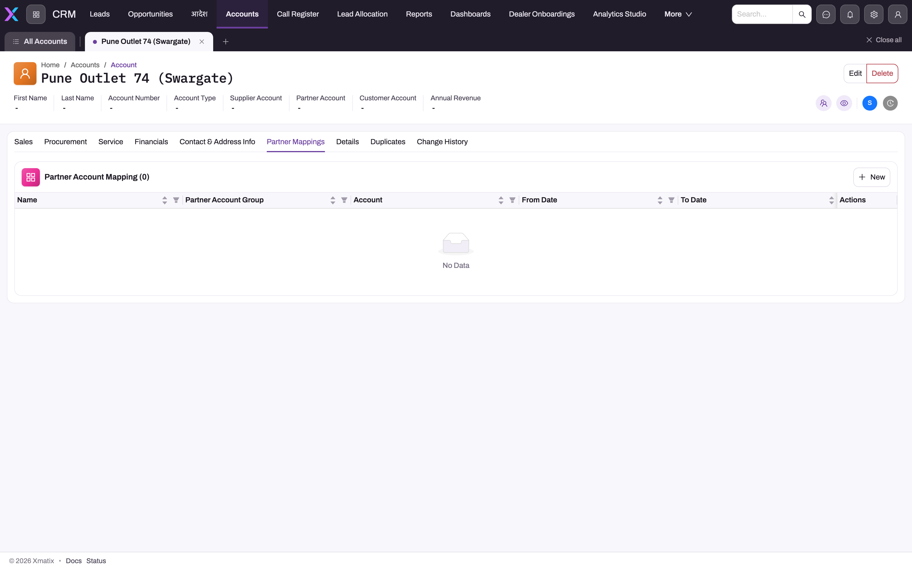 Account detail page with Partner Mappings tab and effective-dated mapping list