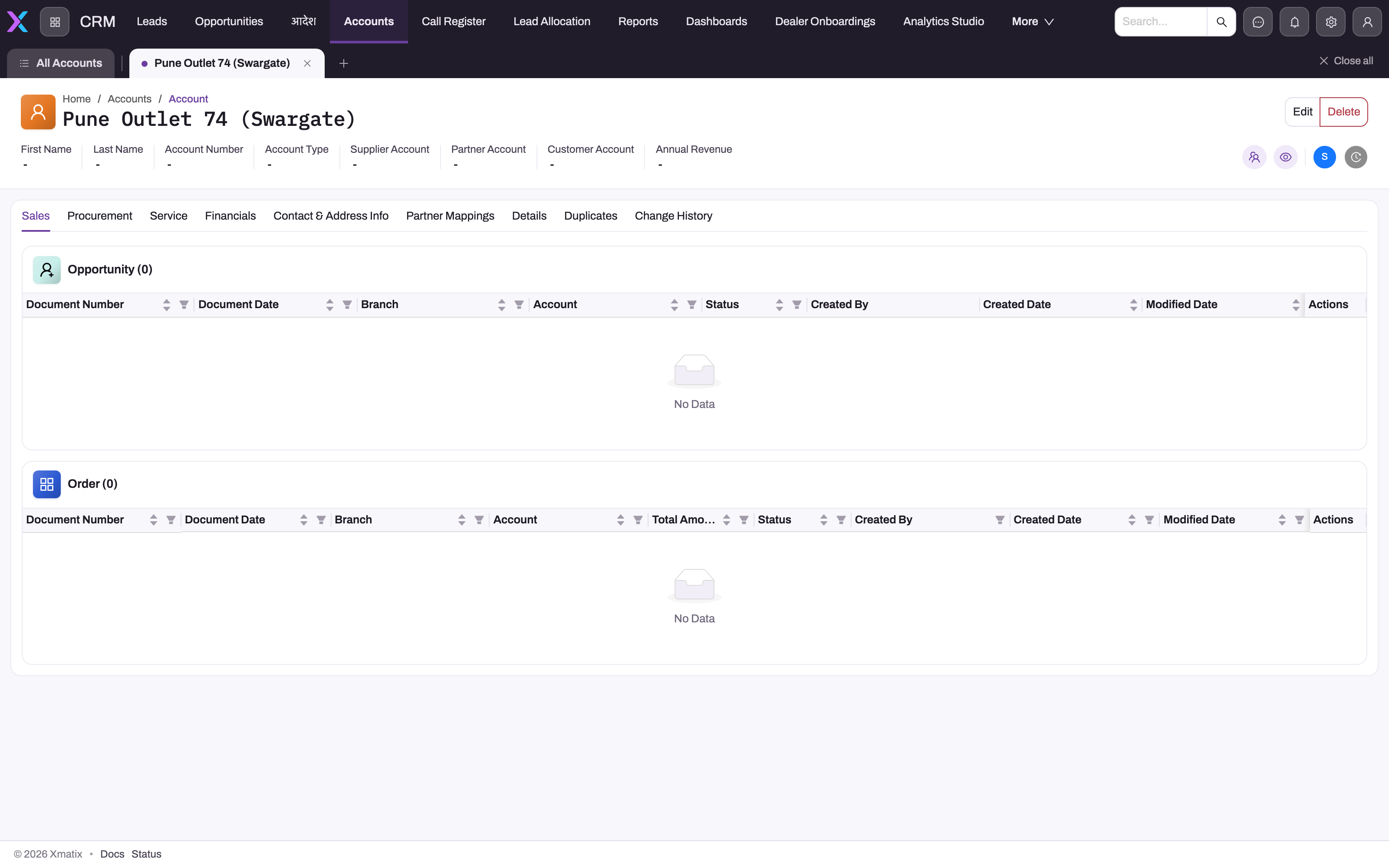 Account detail page with the Sales tab selected and related opportunity and order lists