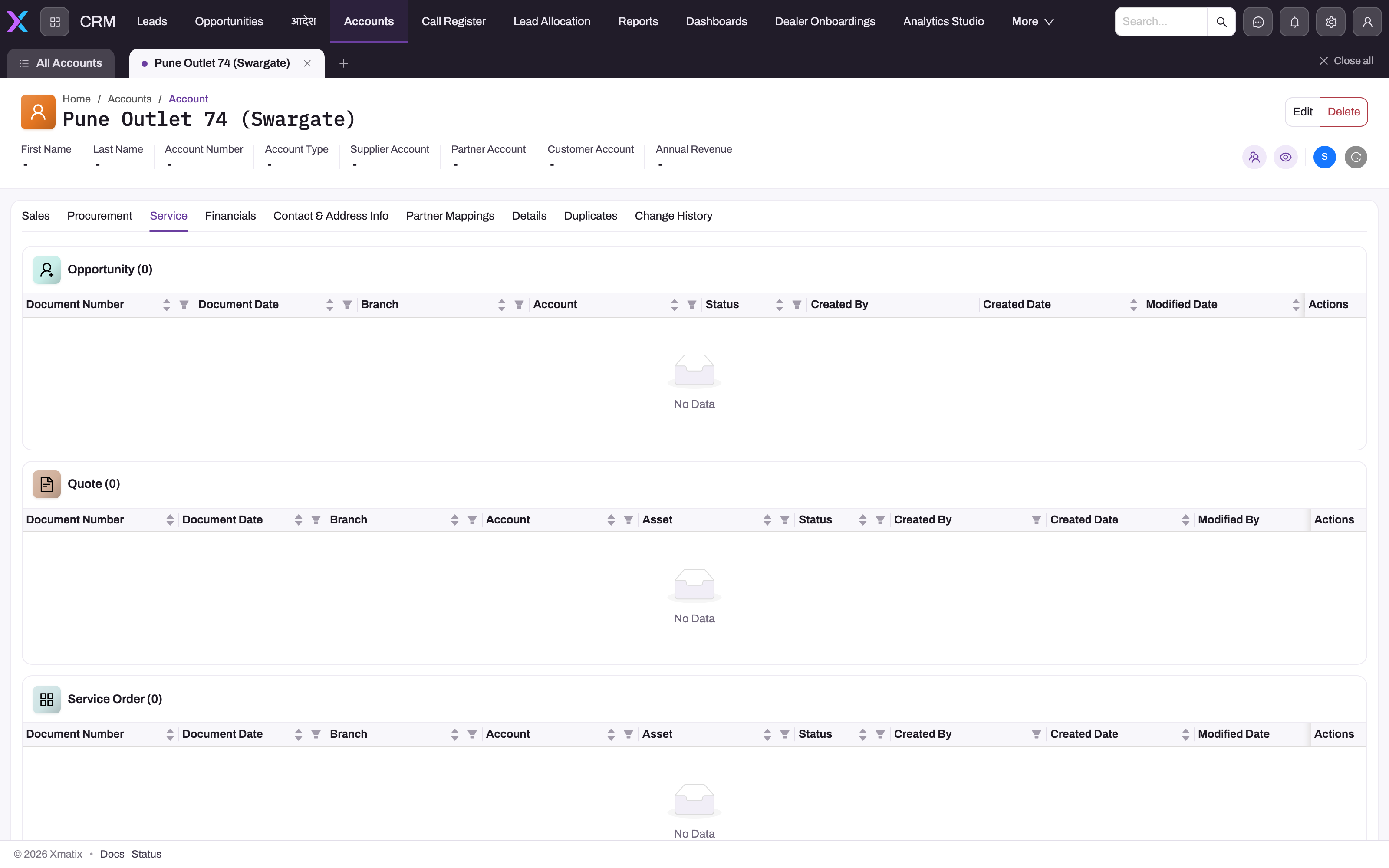 Account detail page with Service tab and opportunity, quote and service-order panels
