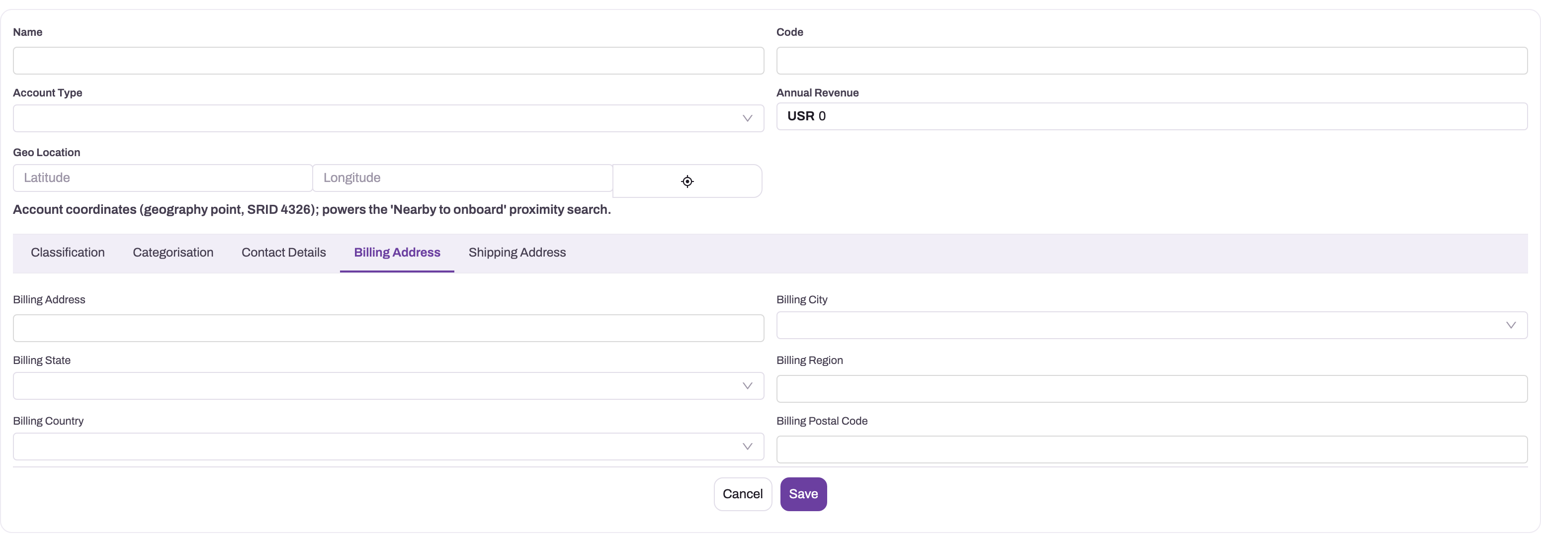 New Account form with structured Billing Address fields