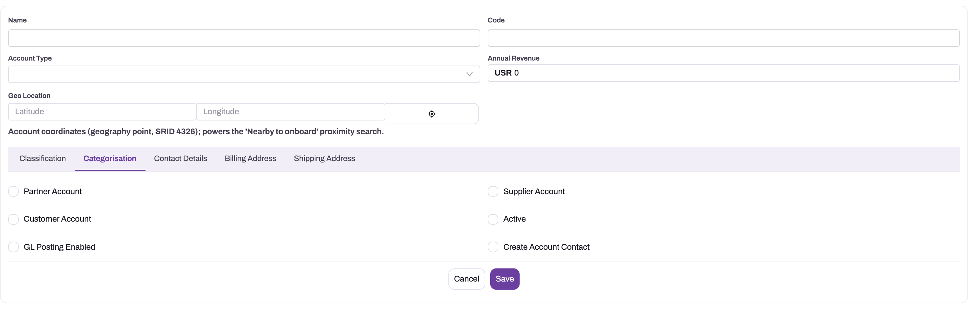 New Account form with the Categorisation tab and operational role switches