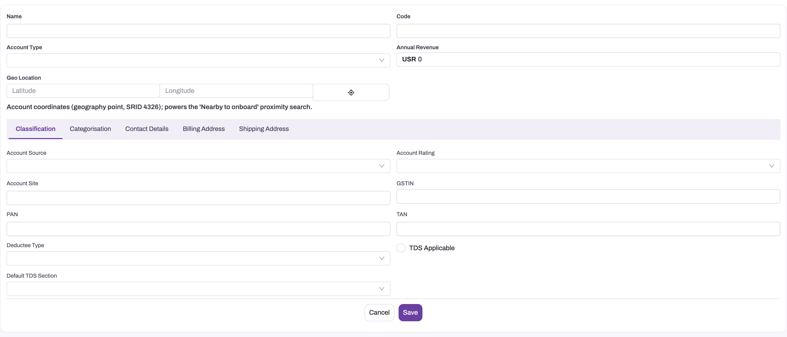 New Account form with identity fields and the Classification tab selected