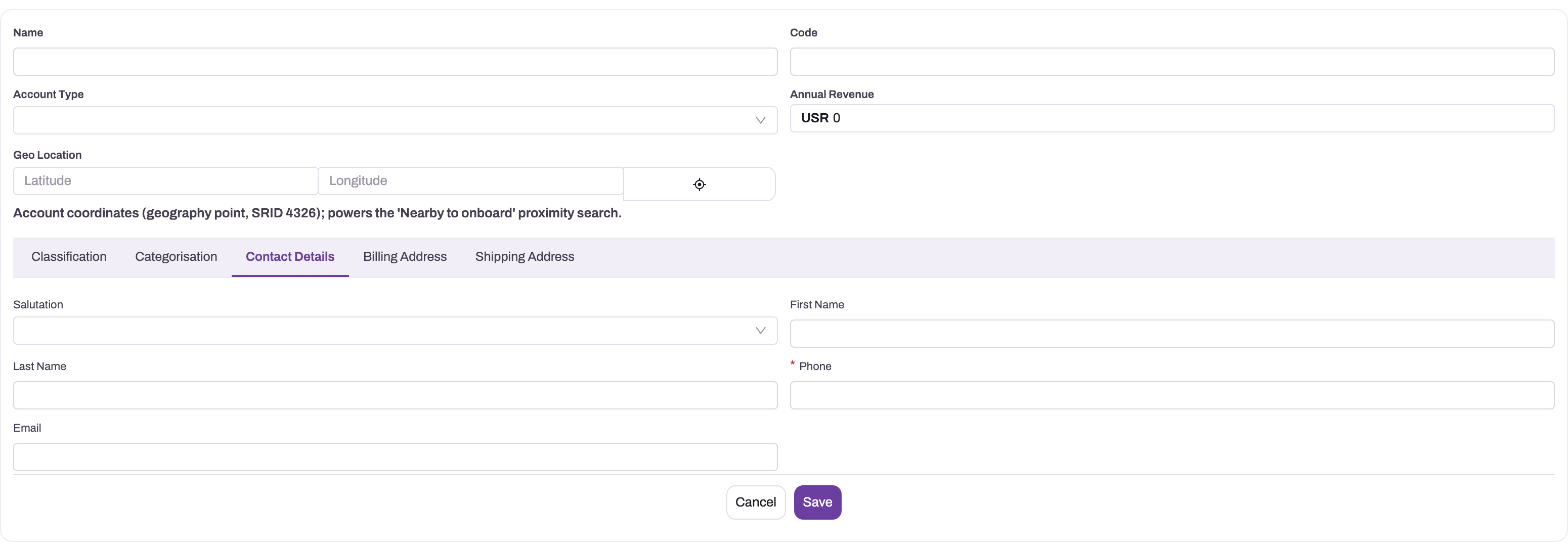 New Account form with Contact Details tab showing name, phone and email fields