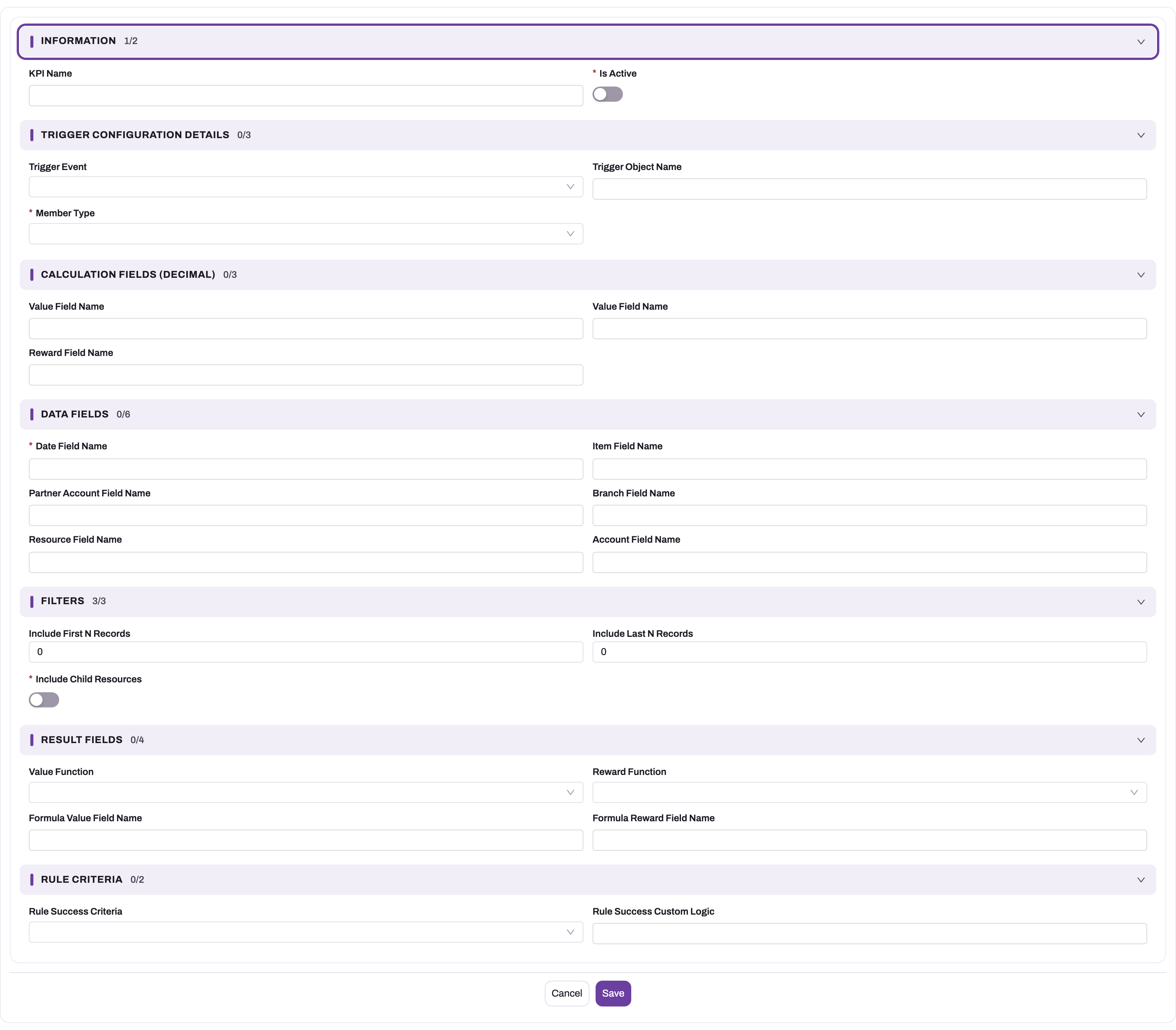 New KPI Configuration form with the Information, Trigger Configuration Details, Calculation Fields, Data Fields, Filters, Result Fields and Rule Criteria sections