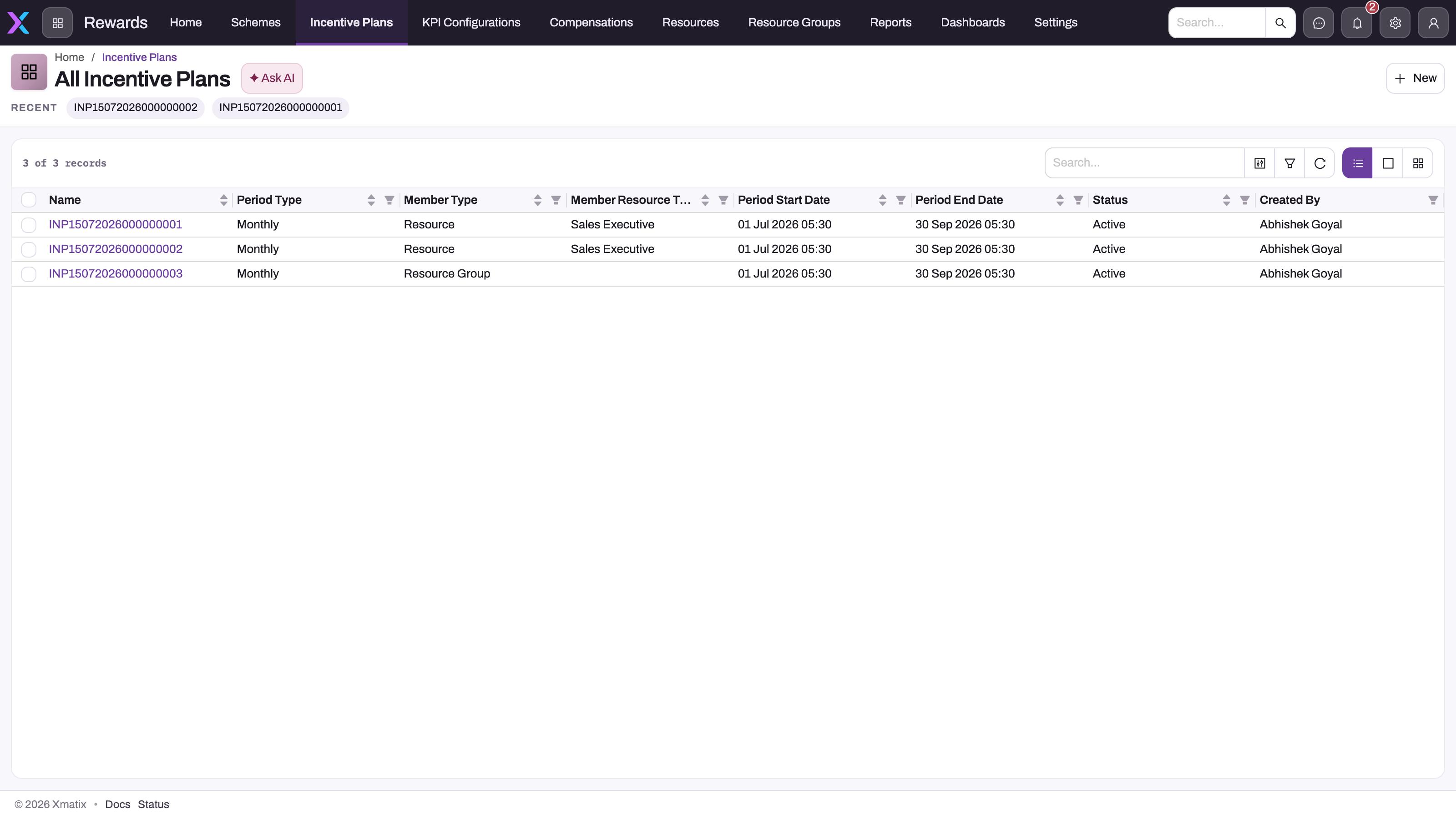 Rewards app with the All Incentive Plans list open: app bar with Schemes, Incentive Plans, KPI Configurations, Compensations, Resources, Resource Groups, Reports, Dashboards and Settings; three monthly plans with member type, member resource type, period start and end dates and status