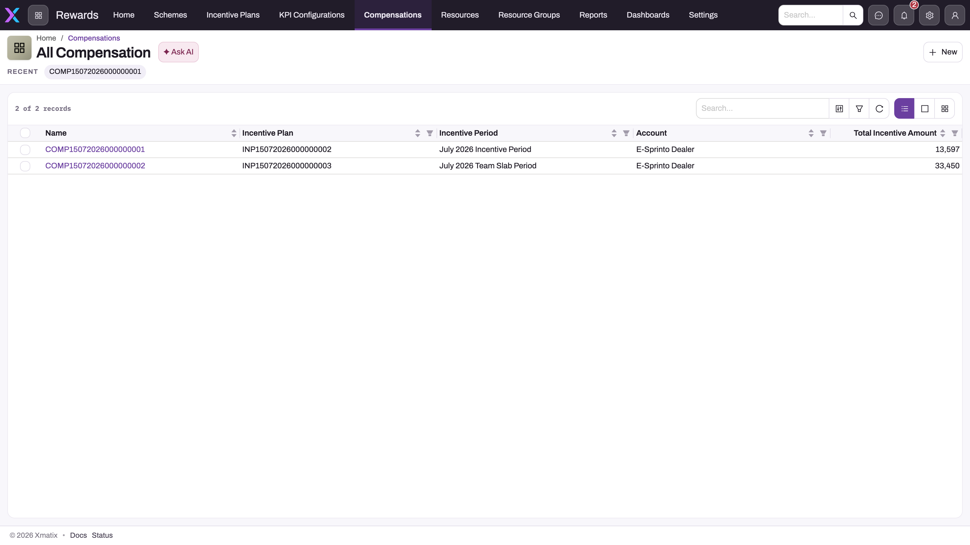 Rewards app with the All Compensation list open: two compensation records, each showing its incentive plan, incentive period, account and total incentive amount