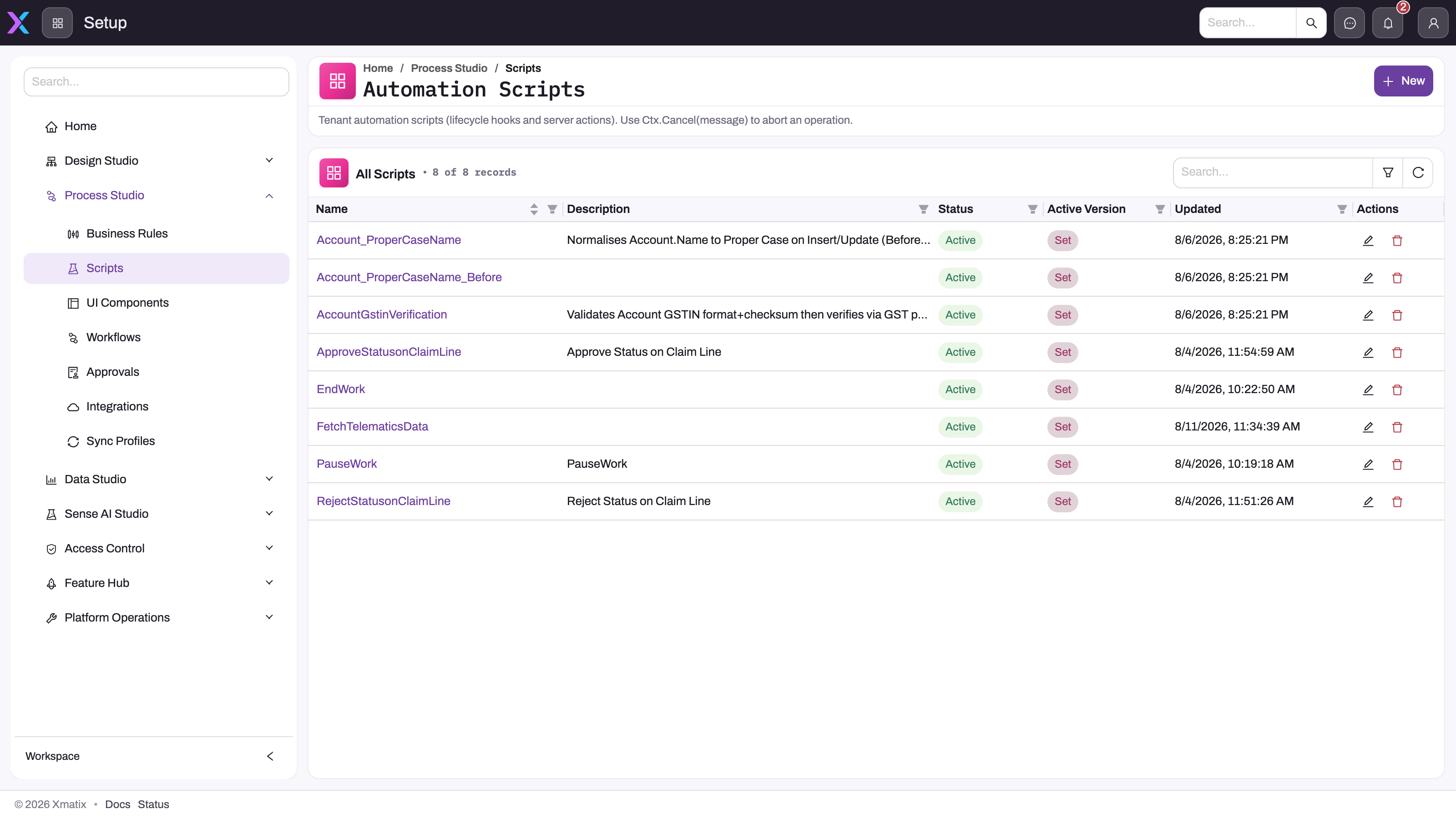 Setup, Process Studio, Scripts: the Automation Scripts register listing script names, descriptions, status, active version and last update