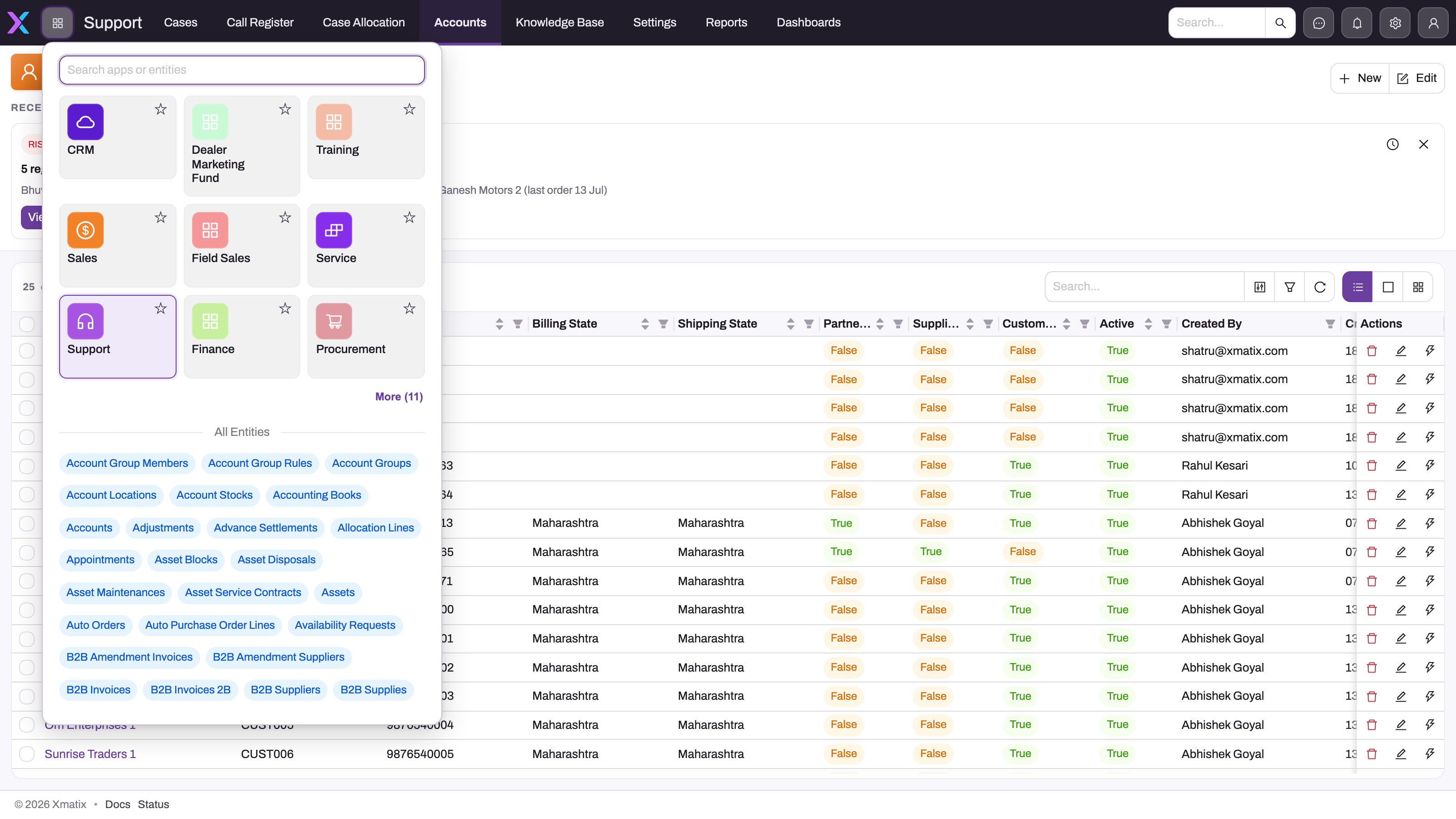 App Launcher open over an actual Account entity list, showing available apps and entities