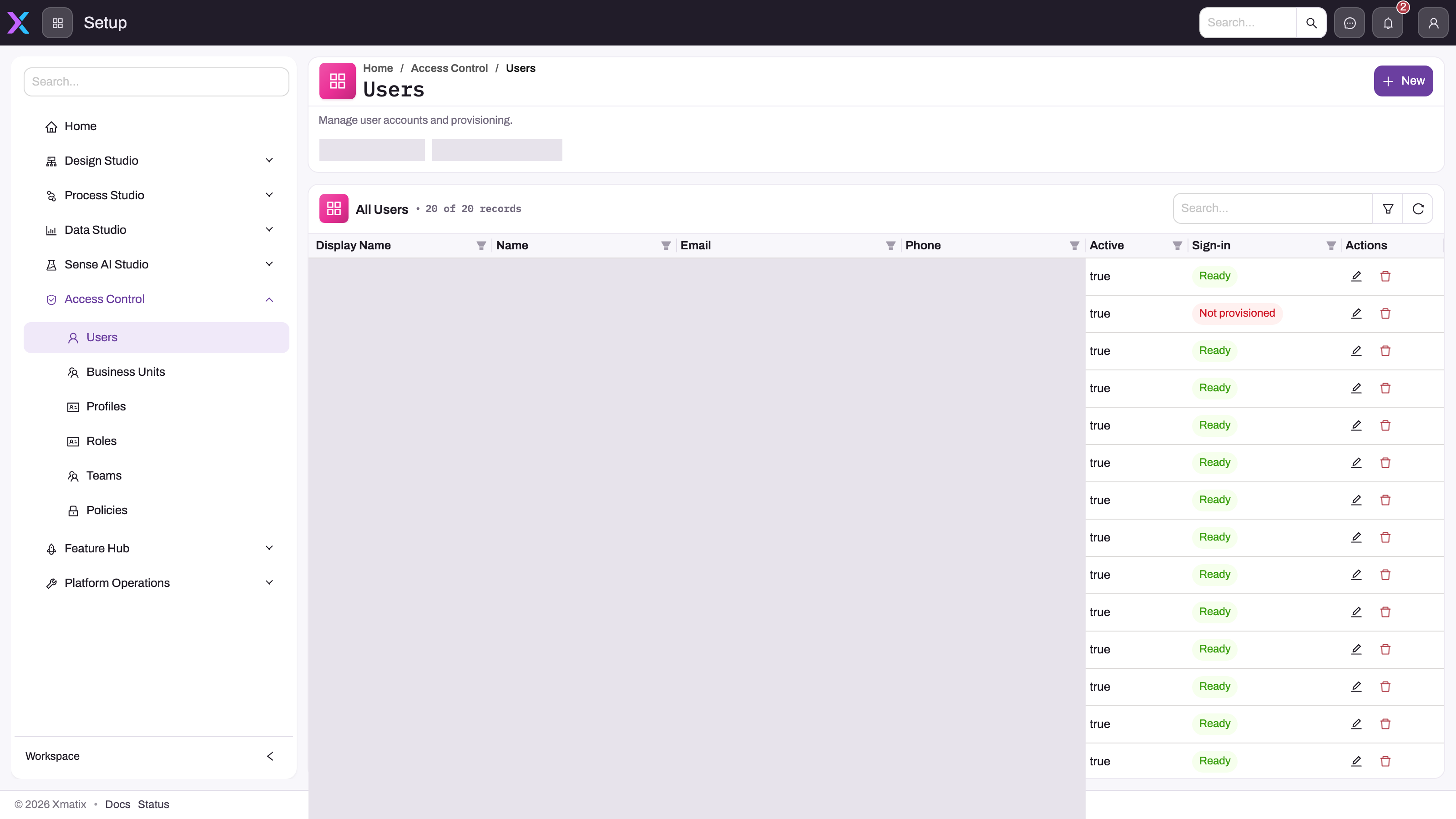 Setup, Access Control, Users: the user register with identity columns obscured and the Active and Sign-in columns, search, filter, refresh and New visible
