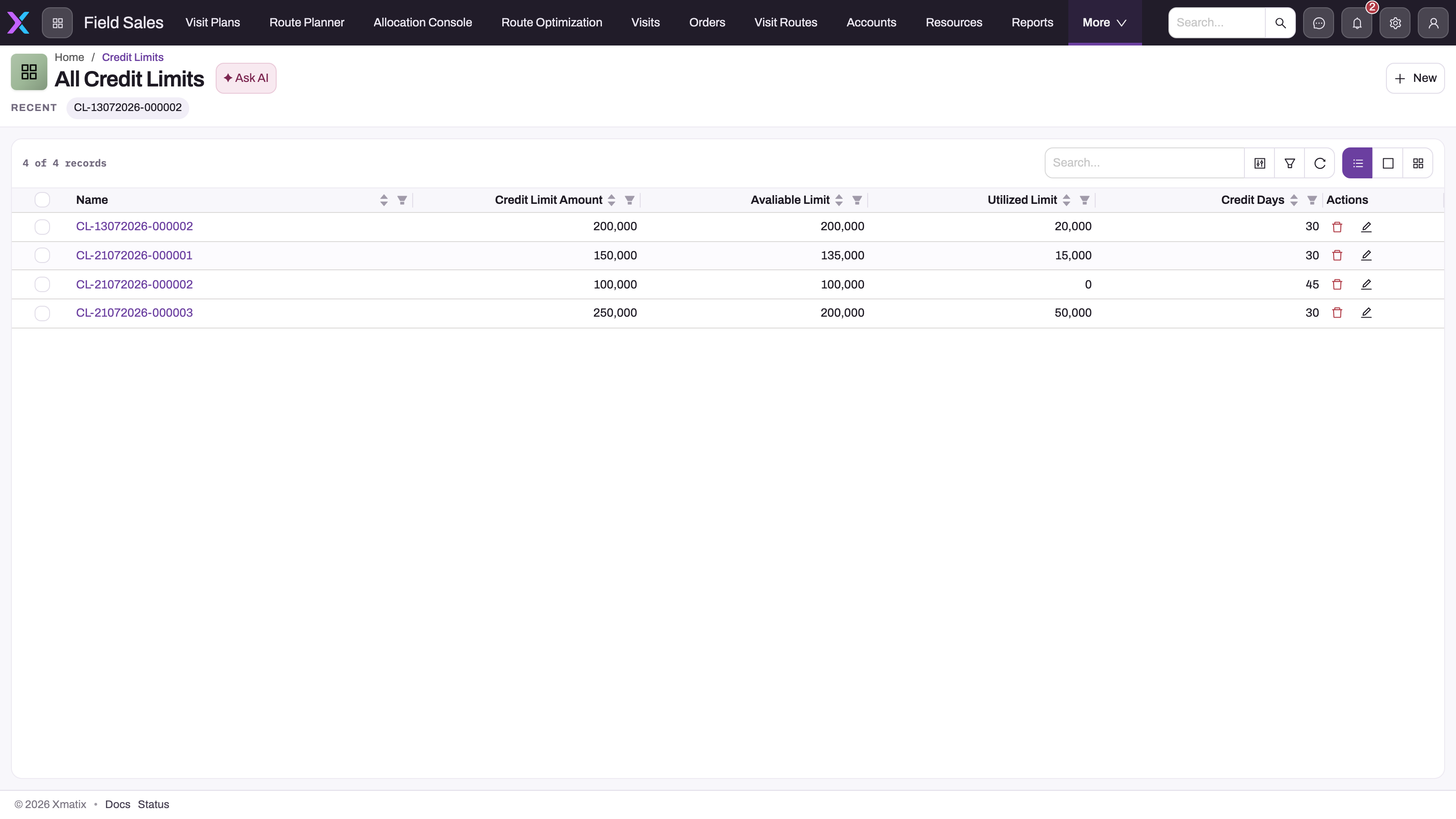 All Credit Limits list in the Field Sales app with Name, Credit Limit Amount, Avaliable Limit, Utilized Limit and Credit Days columns