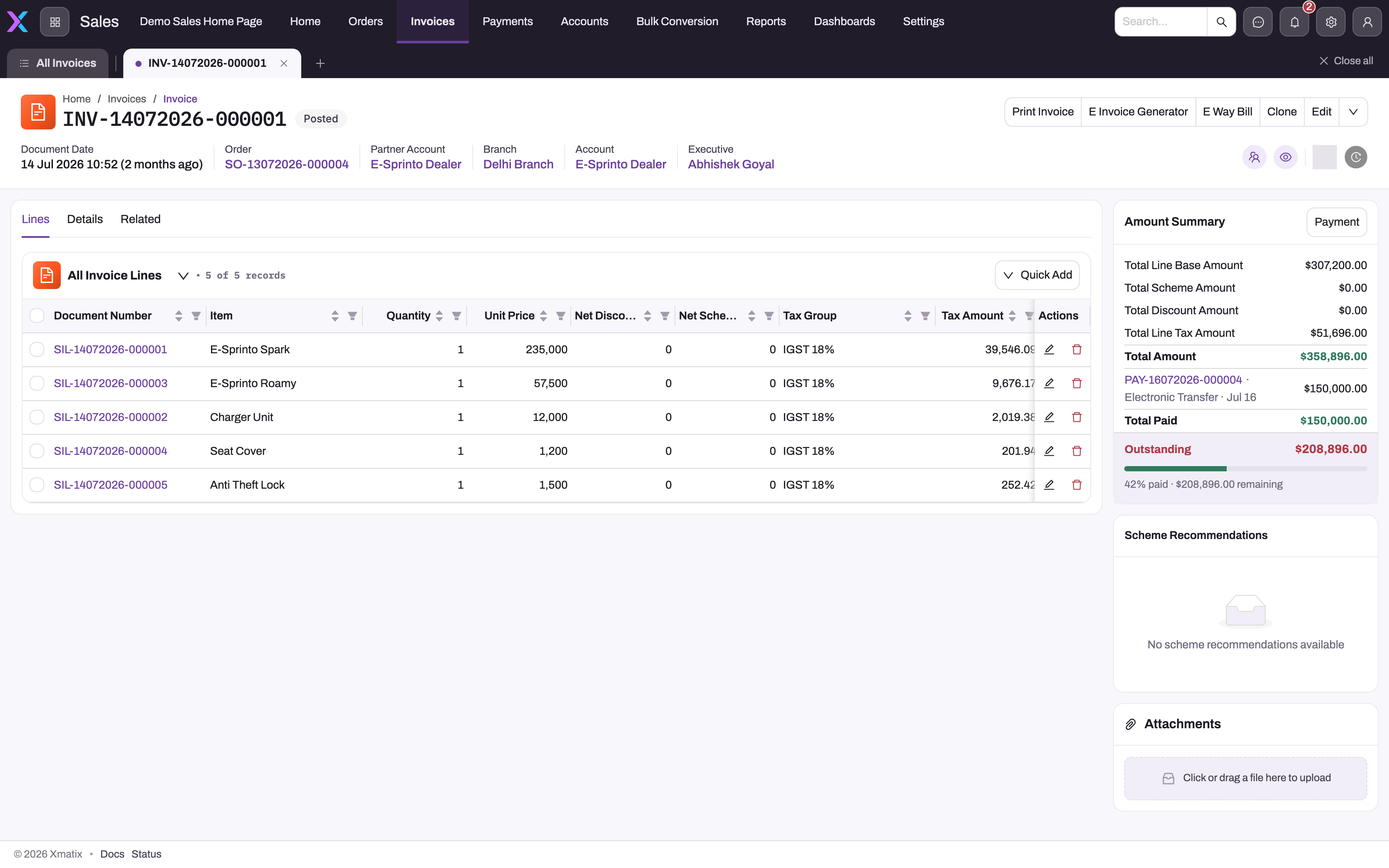 Posted invoice with the Lines tab open: five invoice lines with item, quantity, unit price, discounts, tax group and tax amount, header actions Print Invoice, E Invoice Generator and E Way Bill, and an Amount Summary panel showing a recorded payment and the outstanding balance