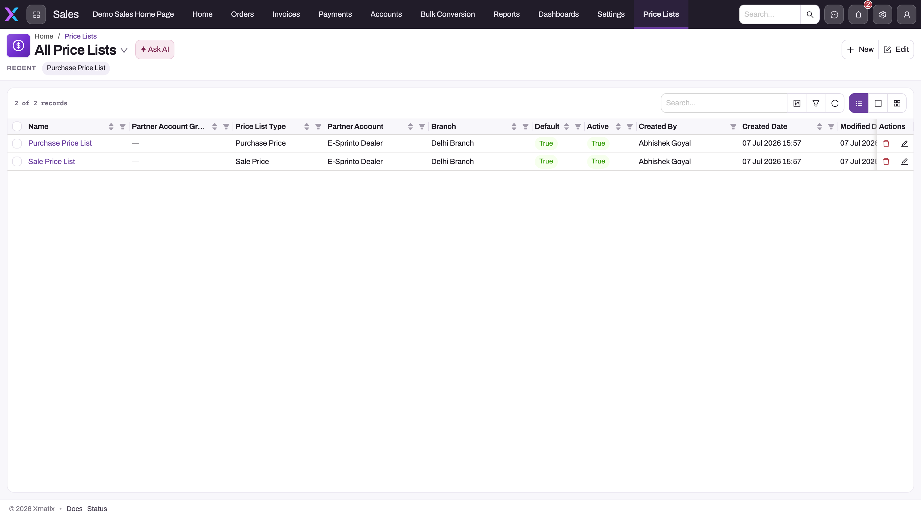 All Price Lists in the Sales app showing a Purchase Price List and a Sale Price List with Partner Account Group, Price List Type, Partner Account, Branch, Default and Active columns