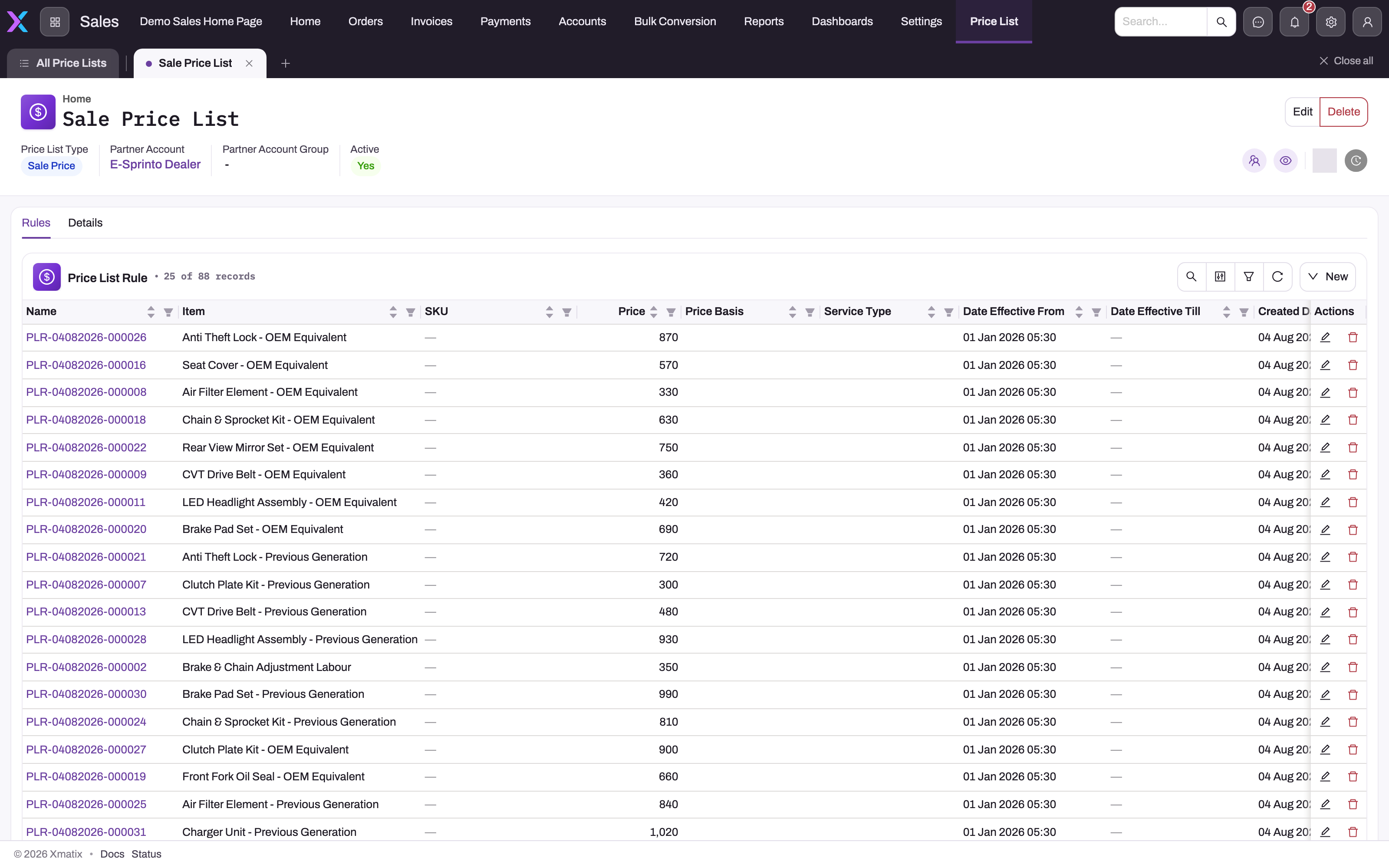 Sale Price List record with the Rules tab open: 88 price list rules with Item, SKU, Price, Price Basis, Service Type, Date Effective From and Date Effective Till columns
